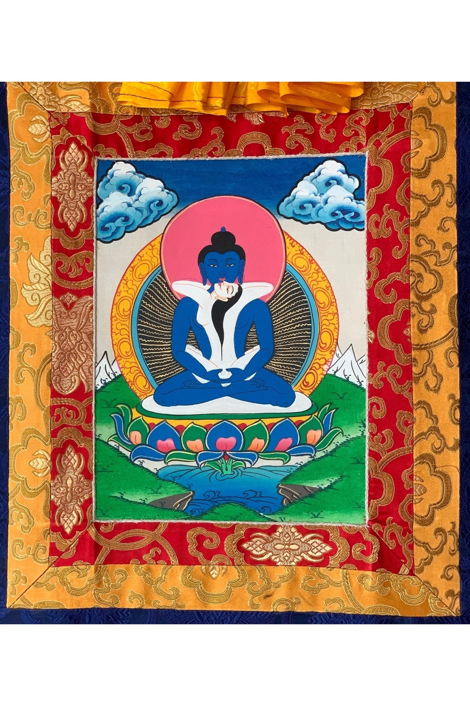 Hand Painted Buddha Shakti, Samantabhadra, Tibetan Thangka Painting, Original Art with Silk Brocade - Tibetan Thangka Art