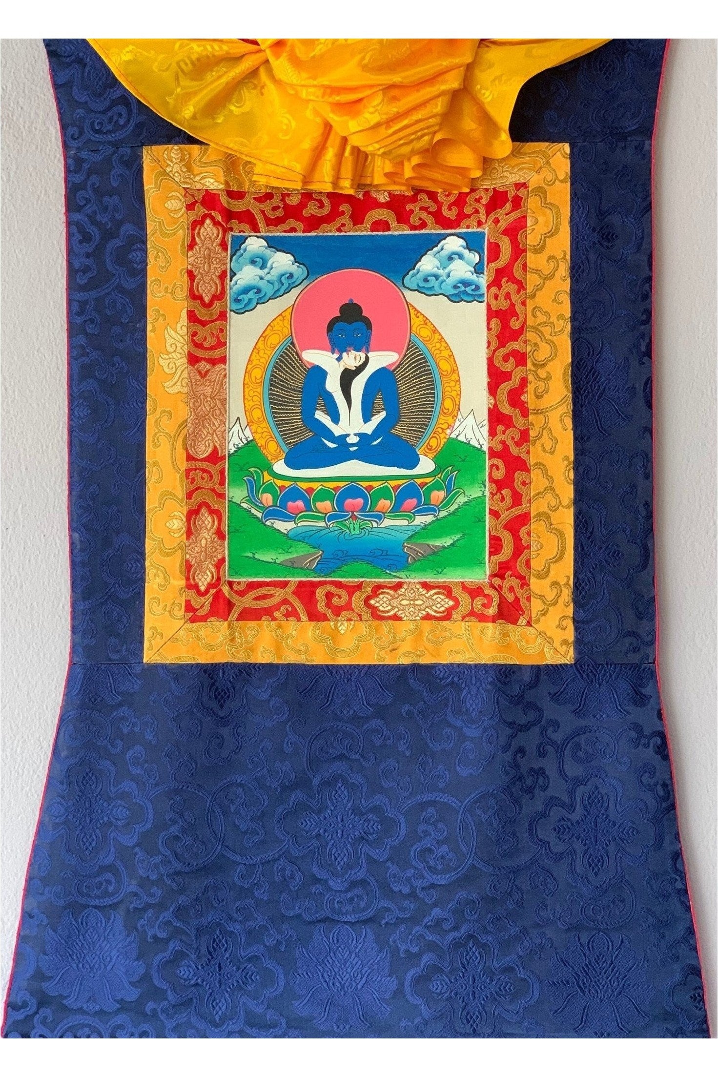 Hand Painted Buddha Shakti, Samantabhadra, Tibetan Thangka Painting, Original Art with Silk Brocade - Tibetan Thangka Art