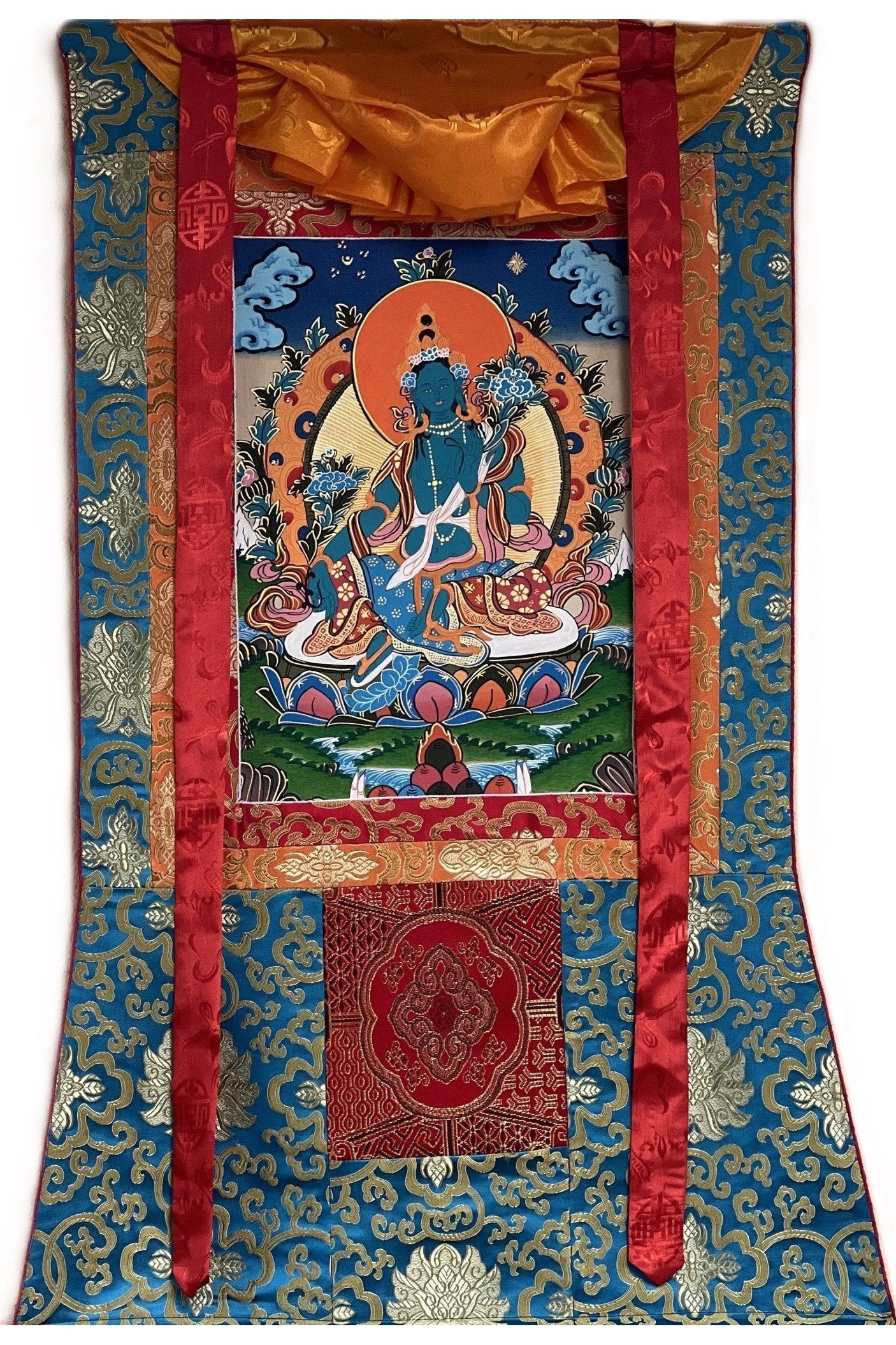 Hand Painted Green Tara, Shyamatara/ Mother Goddess, Masterpiece Tibetan Thangka Painting, Original Buddhist Art with Silk Brocade - Tibetan Thangka Art