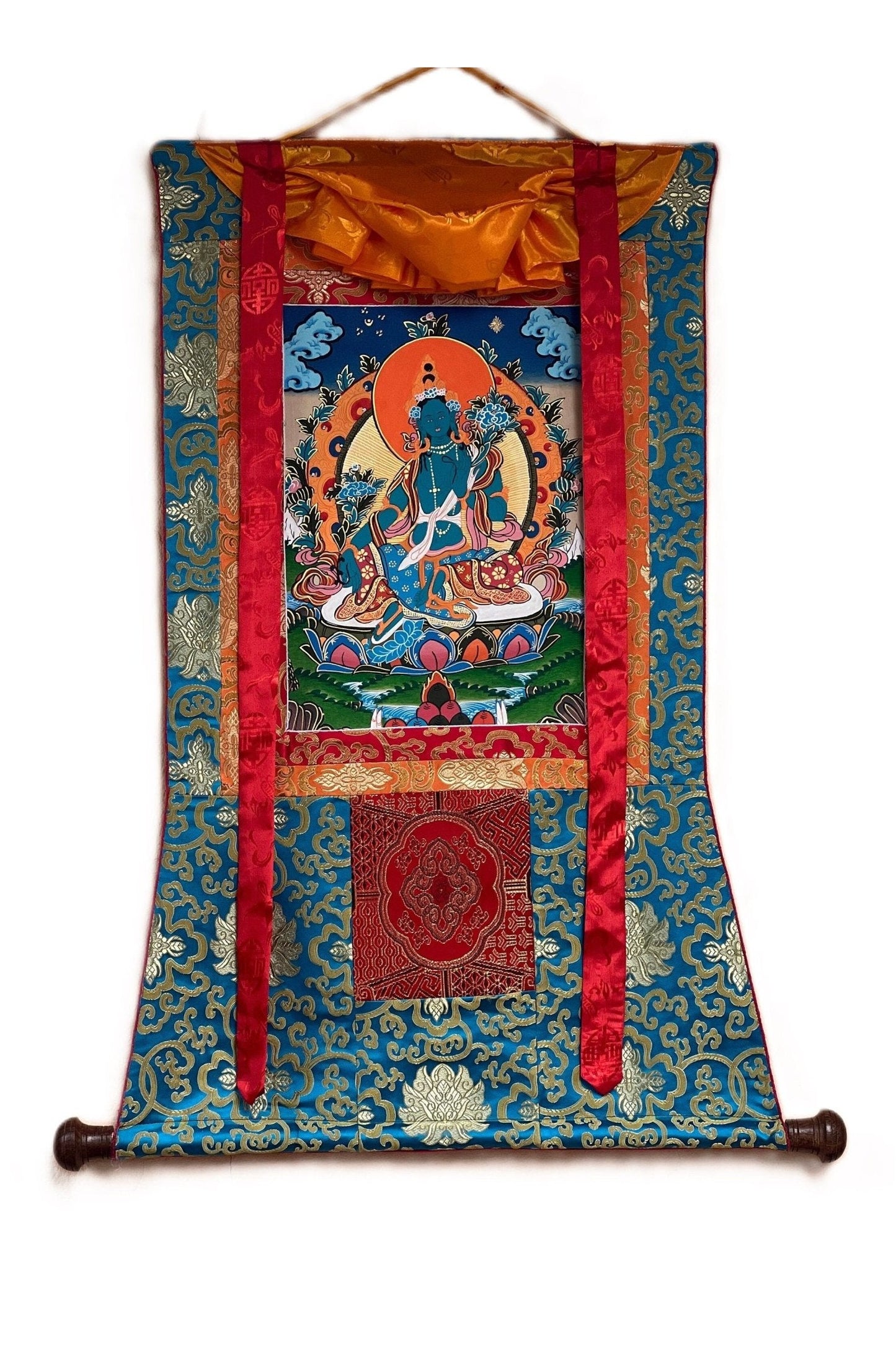 Hand Painted Green Tara, Shyamatara/ Mother Goddess, Masterpiece Tibetan Thangka Painting, Original Buddhist Art with Silk Brocade - Tibetan Thangka Art