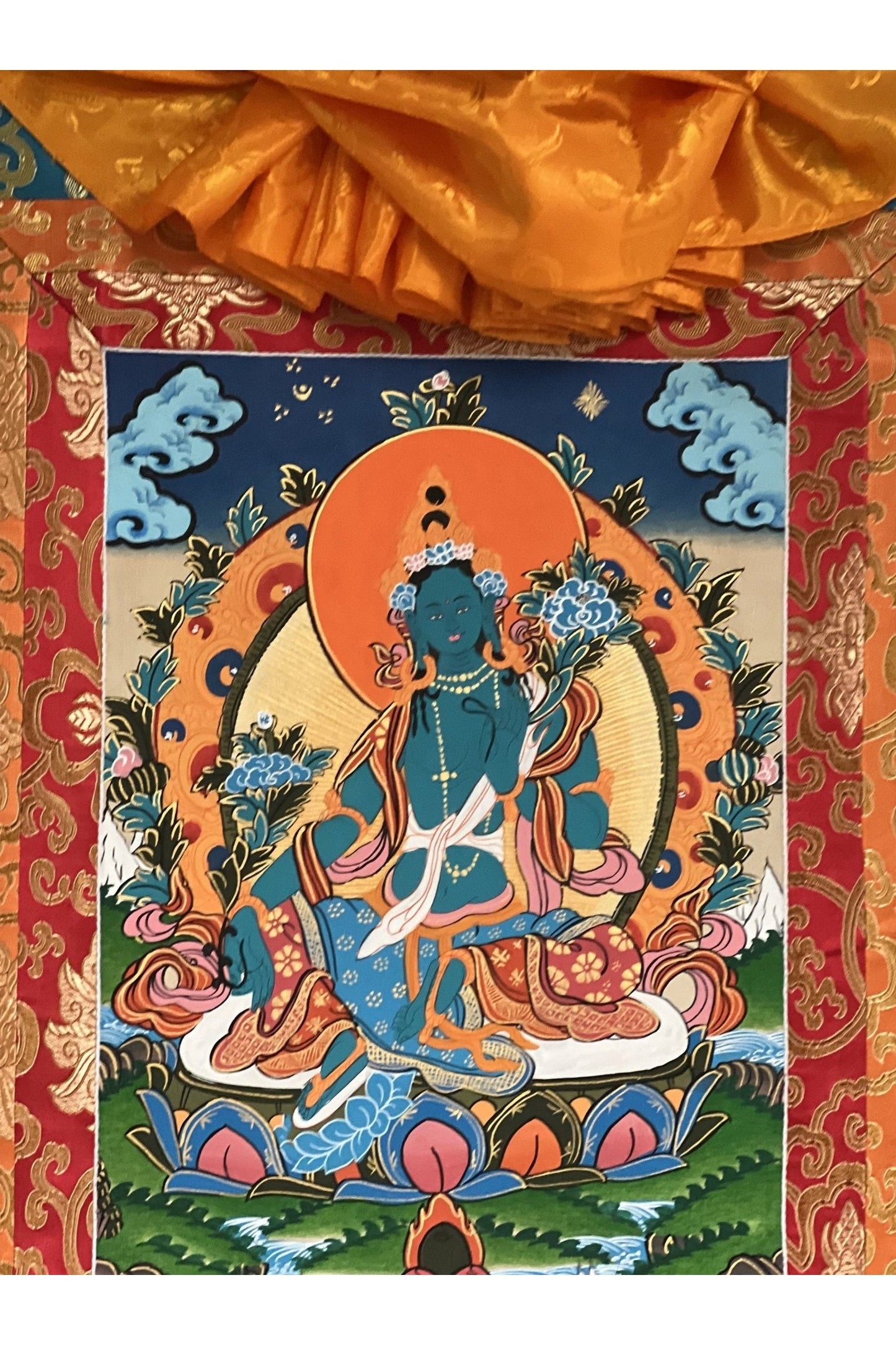 Hand Painted Green Tara, Shyamatara/ Mother Goddess, Masterpiece Tibetan Thangka Painting, Original Buddhist Art with Silk Brocade - Tibetan Thangka Art