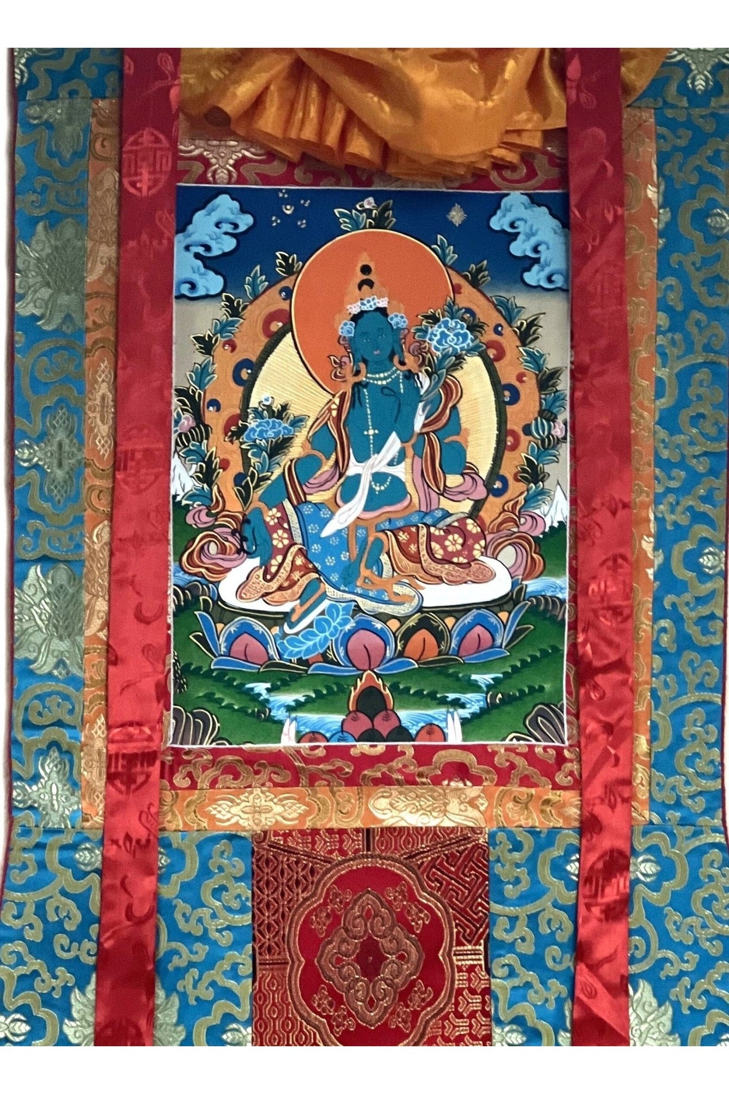 Hand Painted Green Tara, Shyamatara/ Mother Goddess, Masterpiece Tibetan Thangka Painting, Original Buddhist Art with Silk Brocade - Tibetan Thangka Art