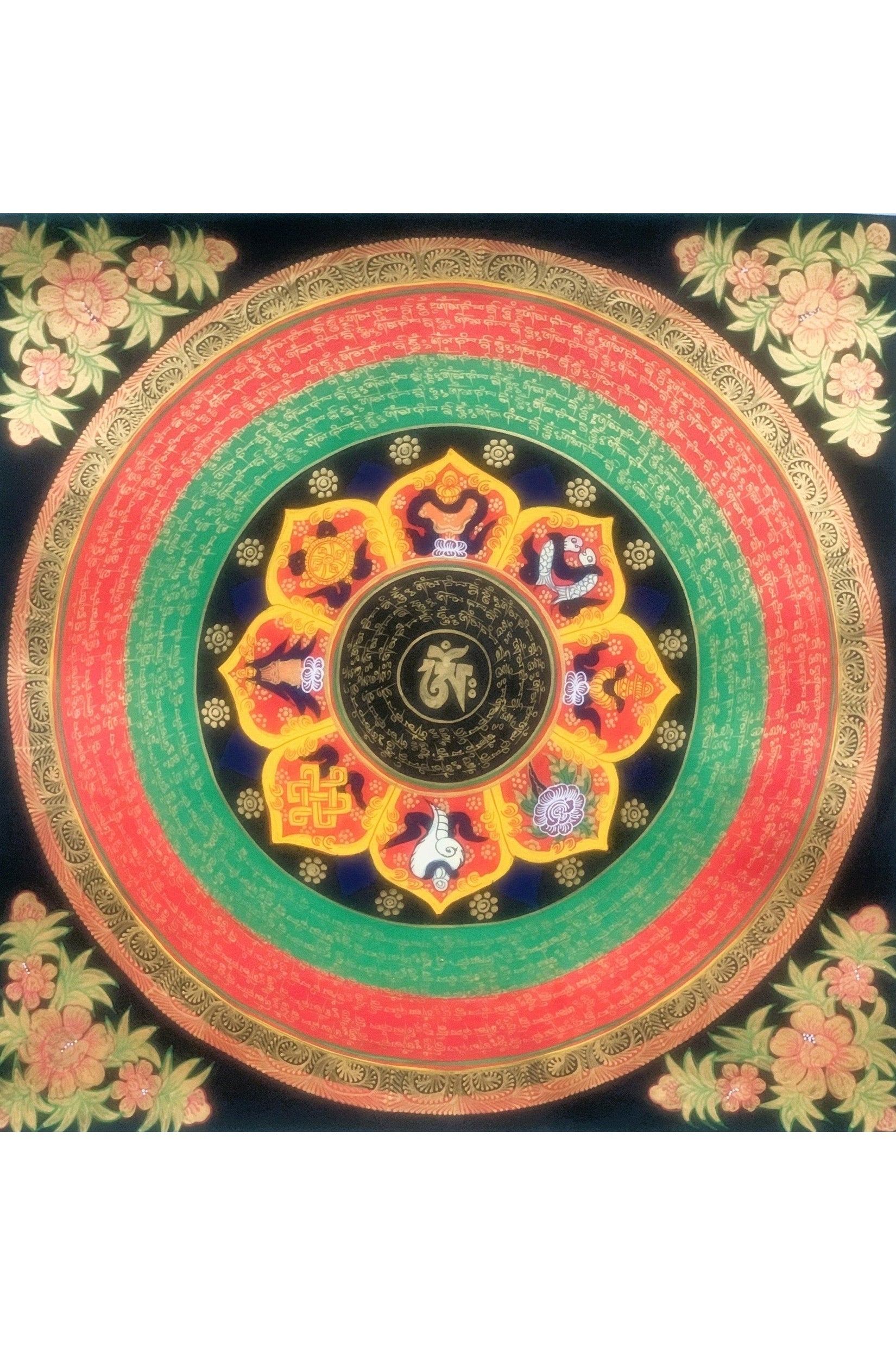 Hand Painted OM Lotus Mantra Mandala, Wheel of Life Meditation Thangka Painting Original Art Wall Hanging - Tibetan Thangka Art