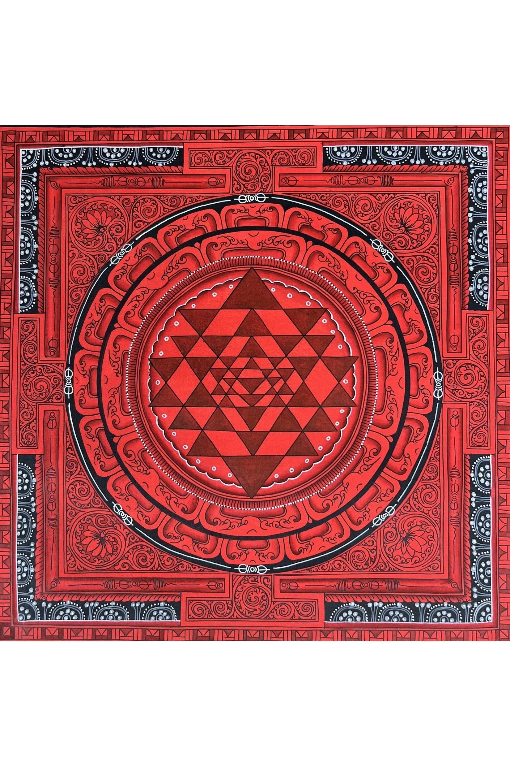 Hand Painted ShriYantra or Shri Chakara Mandala Newari Paubha/Pauva Thangka Painting Original Art for Energy Positivity and Good Luck - Tibetan Thangka Art