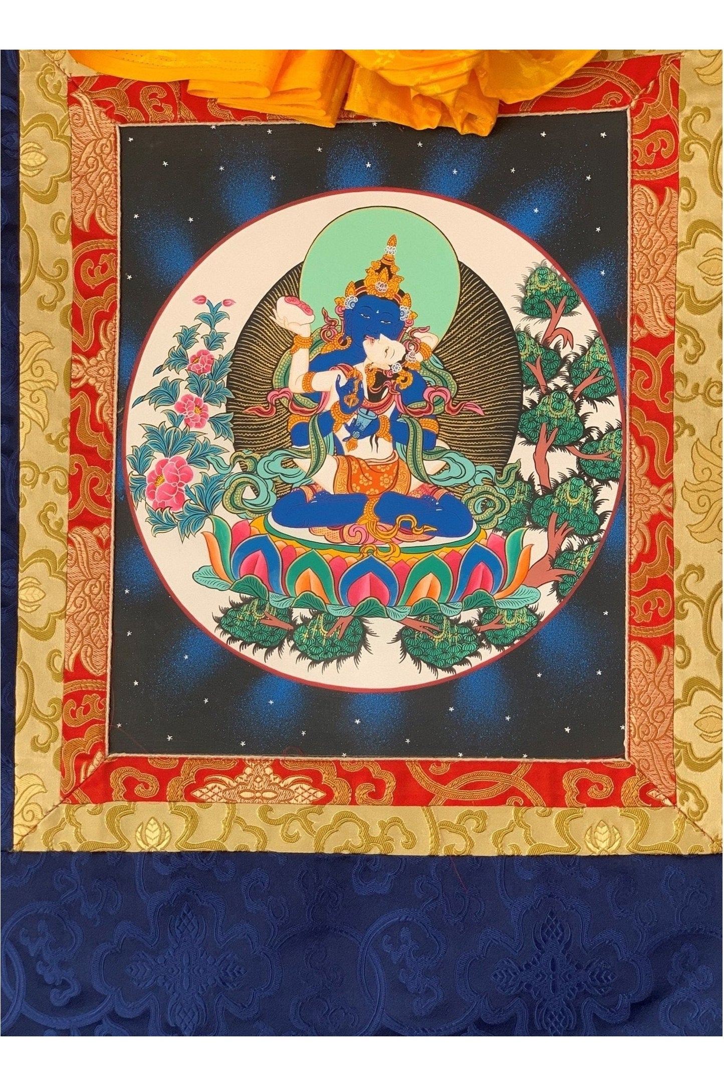 Hand Painted Vajradhara Shakti Prajnaparamita, YabYum, Tibetan Thangka Painting, Original Art with Silk Brocade - Tibetan Thangka Art