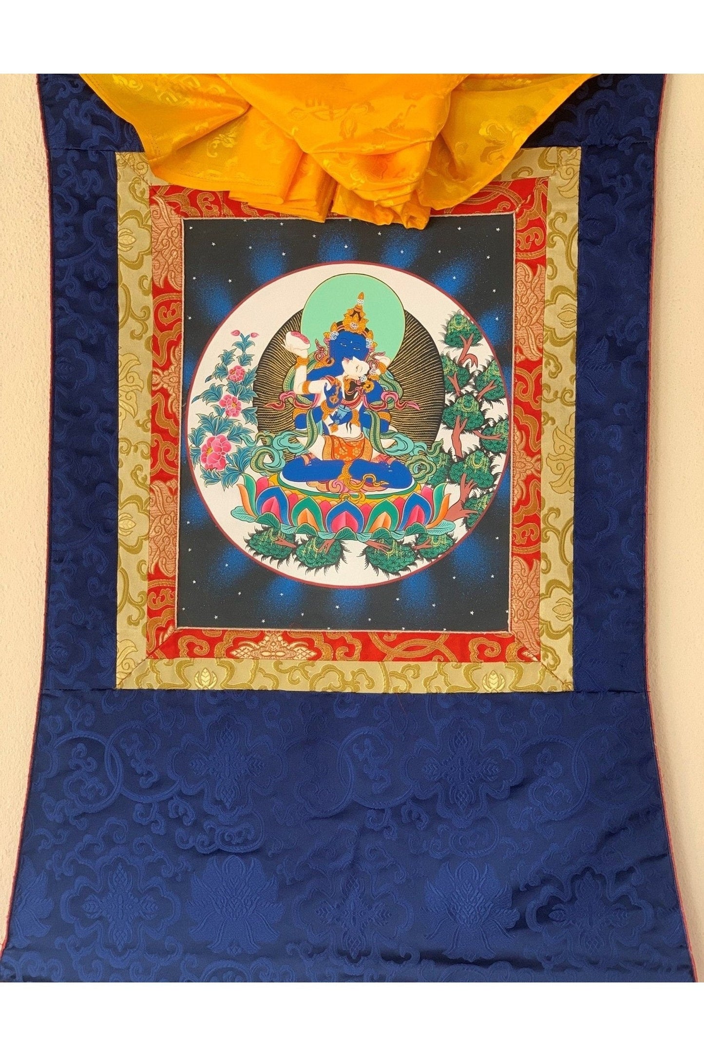 Hand Painted Vajradhara Shakti Prajnaparamita, YabYum, Tibetan Thangka Painting, Original Art with Silk Brocade - Tibetan Thangka Art