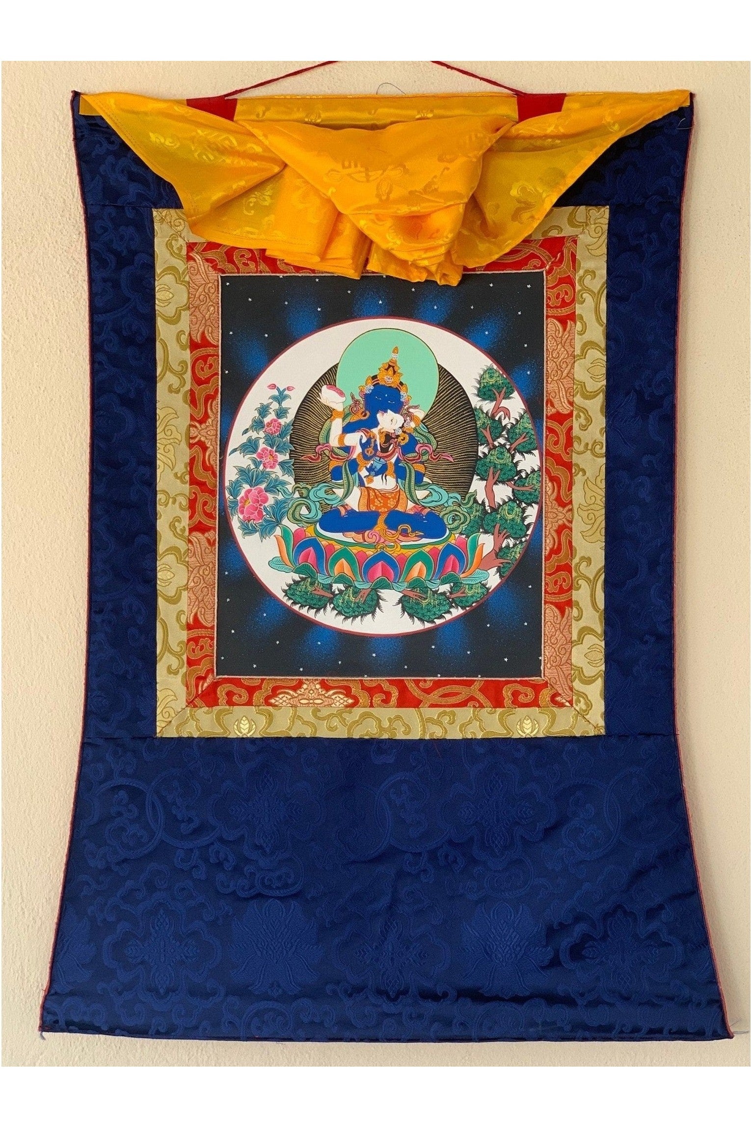 Hand Painted Vajradhara Shakti Prajnaparamita, YabYum, Tibetan Thangka Painting, Original Art with Silk Brocade - Tibetan Thangka Art