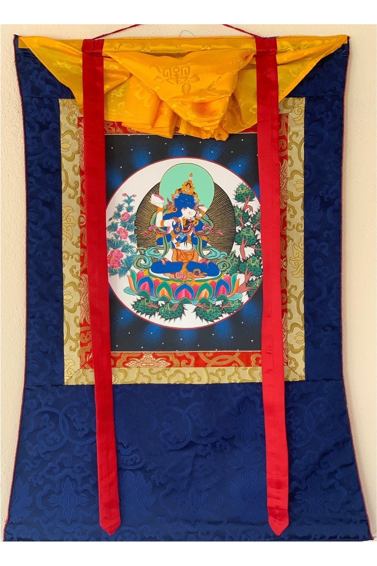 Hand Painted Vajradhara Shakti Prajnaparamita, YabYum, Tibetan Thangka Painting, Original Art with Silk Brocade - Tibetan Thangka Art