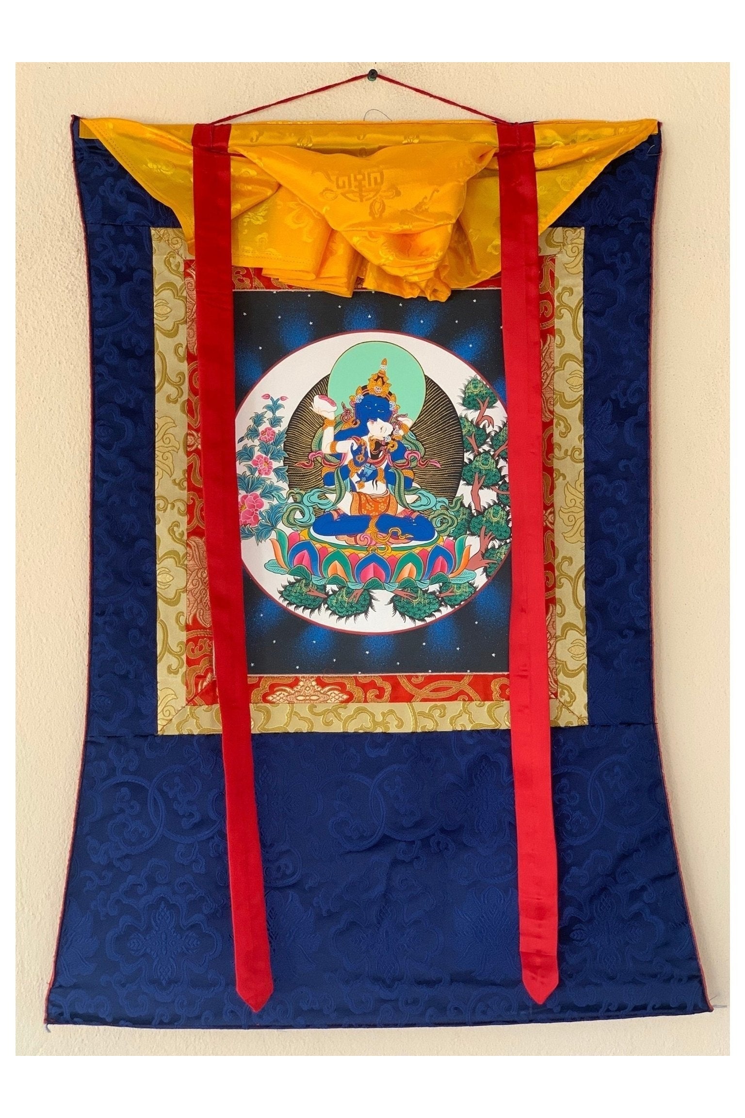 Hand Painted Vajradhara Shakti Prajnaparamita, YabYum, Tibetan Thangka Painting, Original Art with Silk Brocade - Tibetan Thangka Art