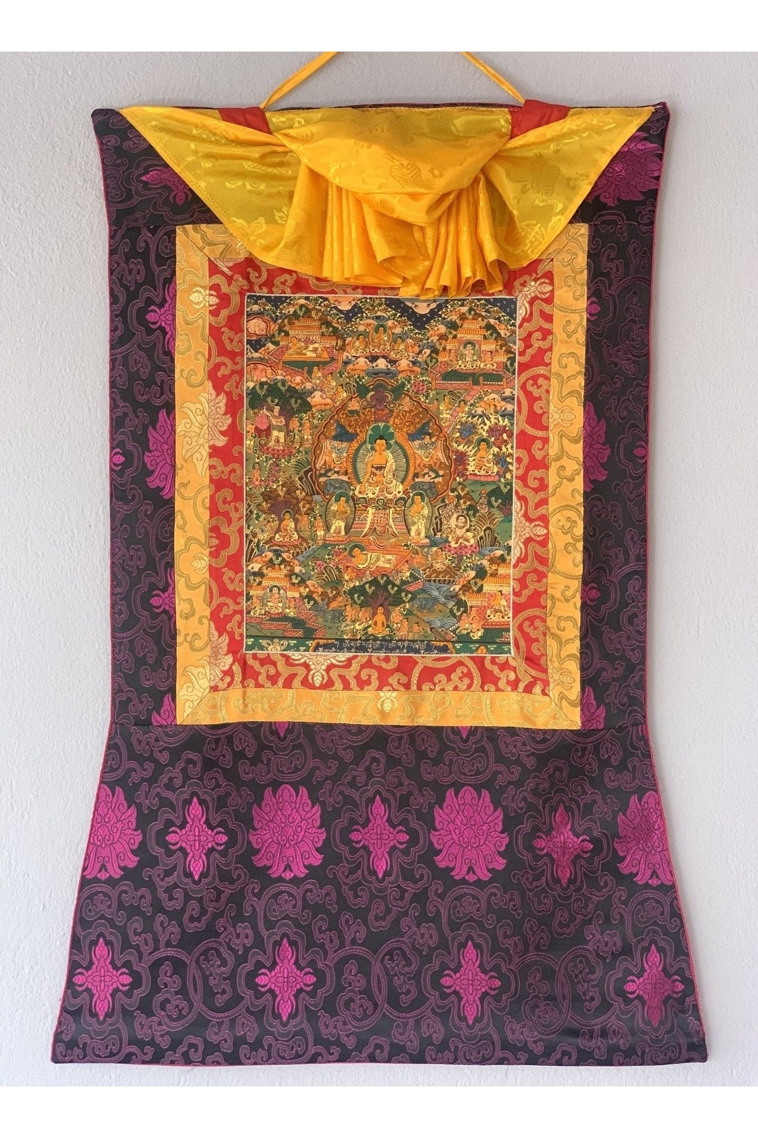 Hand Painted Wheel of Life, Buddha Life, Mandala, Thangka Painting, Original Art with Silk Brocade - Tibetan Thangka Art