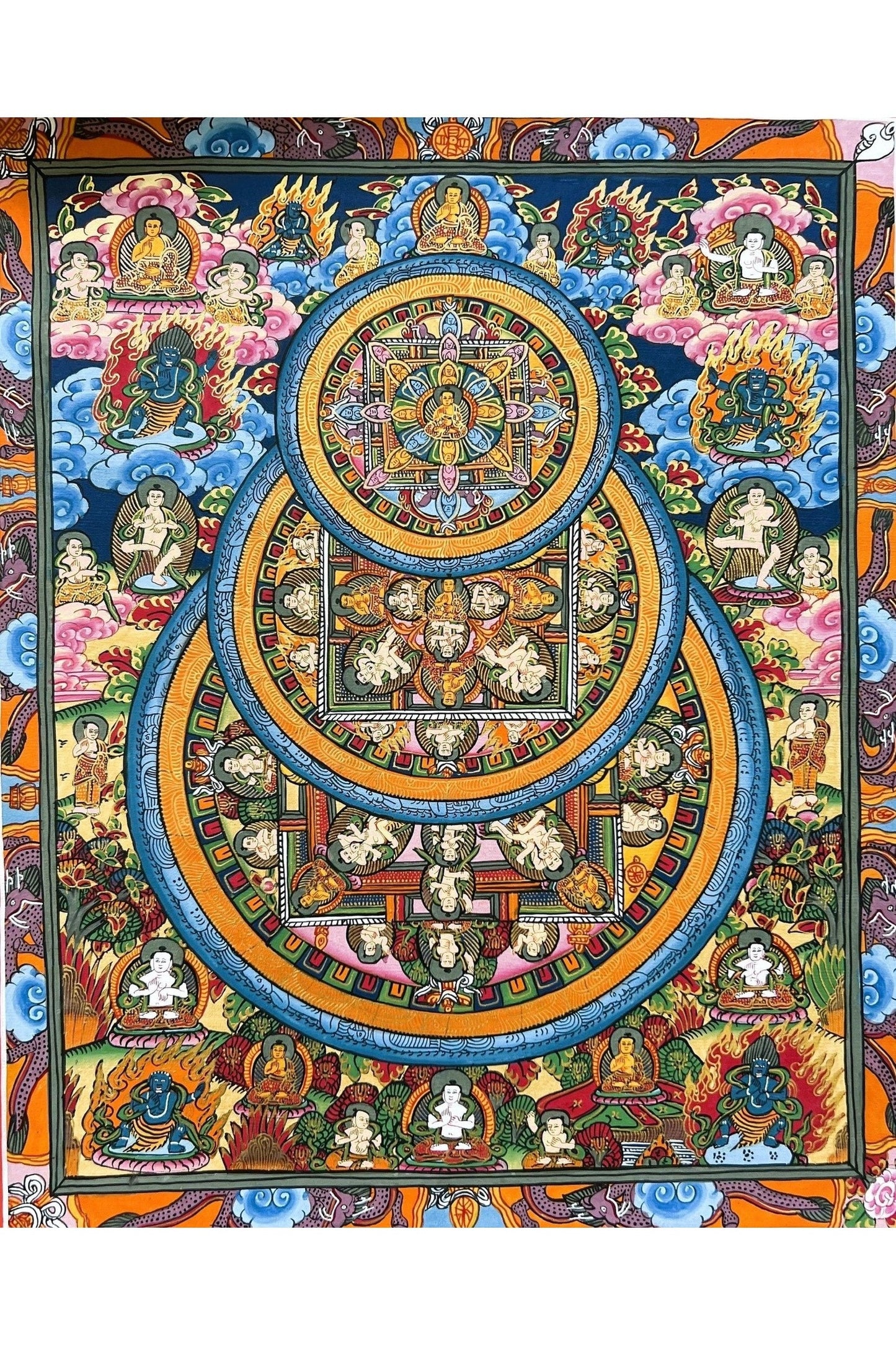 Hand - Painted Wheel of Life/ Buddha Life Mandala Tibetan Thangka Painting Original Art with High - Quality Silk Brocade - Tibetan Thangka Art