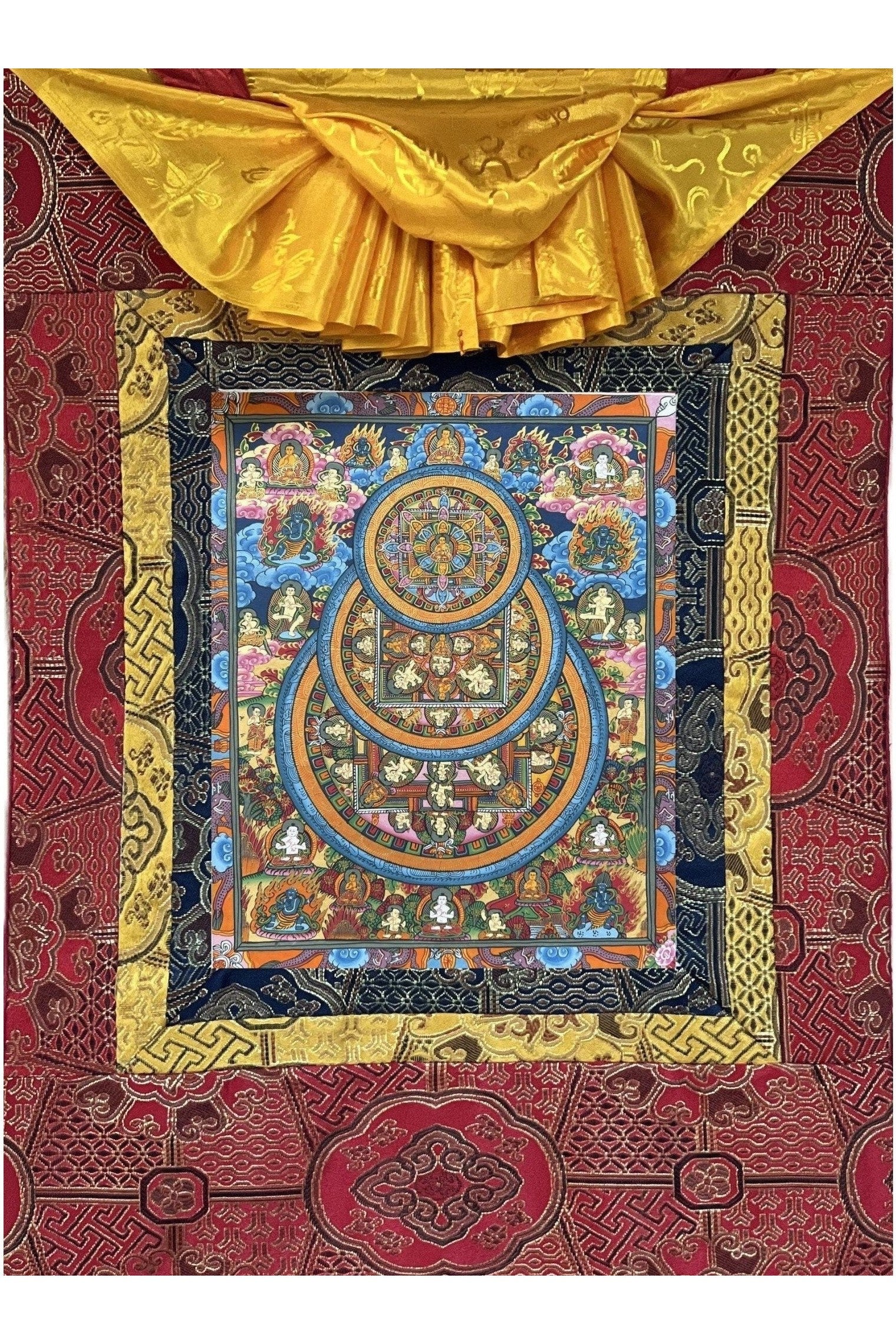 Hand - Painted Wheel of Life/ Buddha Life Mandala Tibetan Thangka Painting Original Art with High - Quality Silk Brocade - Tibetan Thangka Art