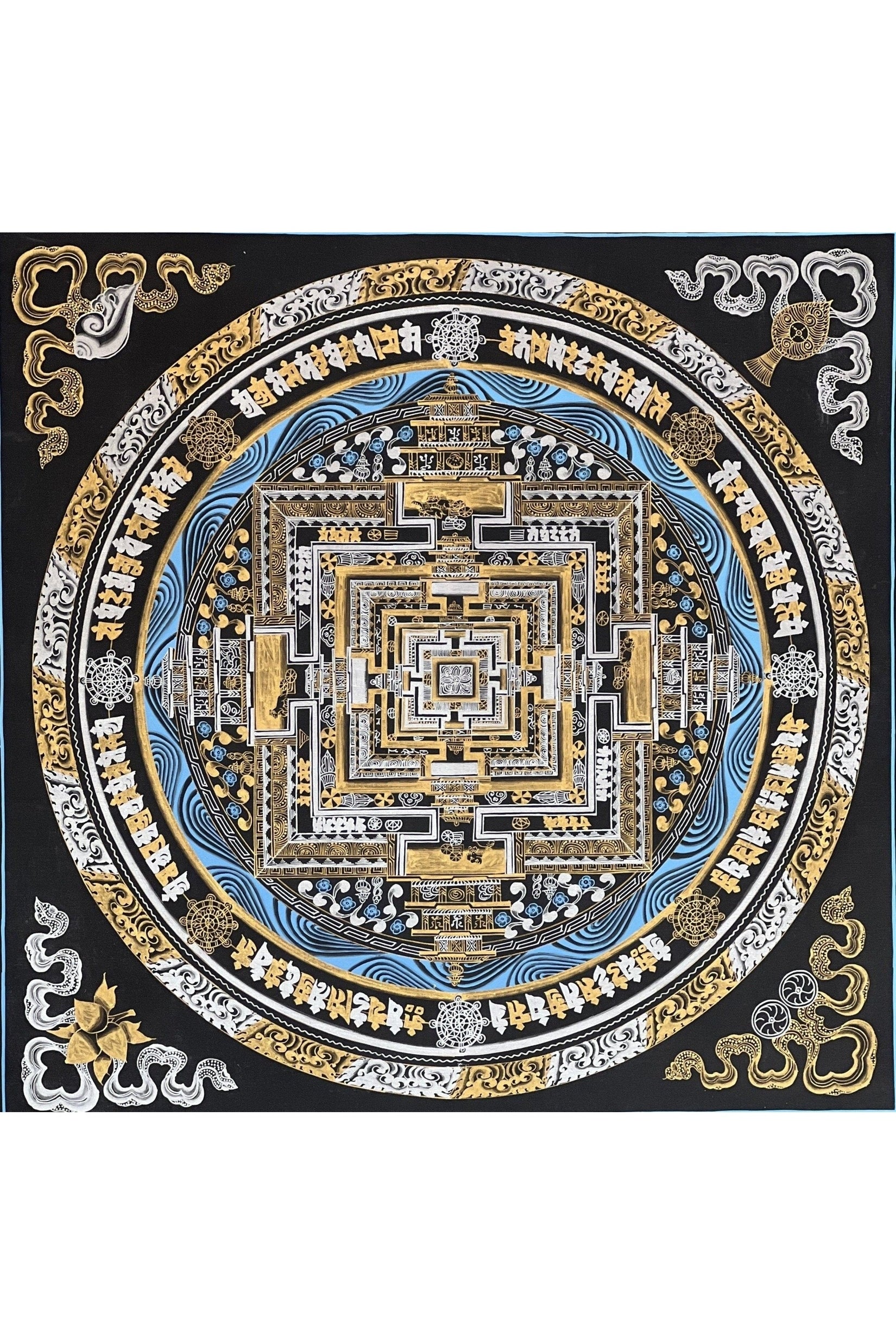 Hand Painted Wheel of Life/ Kalachakra Mandala Master Quality Blue and Gold Original Tibetan Thangka Painting /Wall Hanging - Tibetan Thangka Art