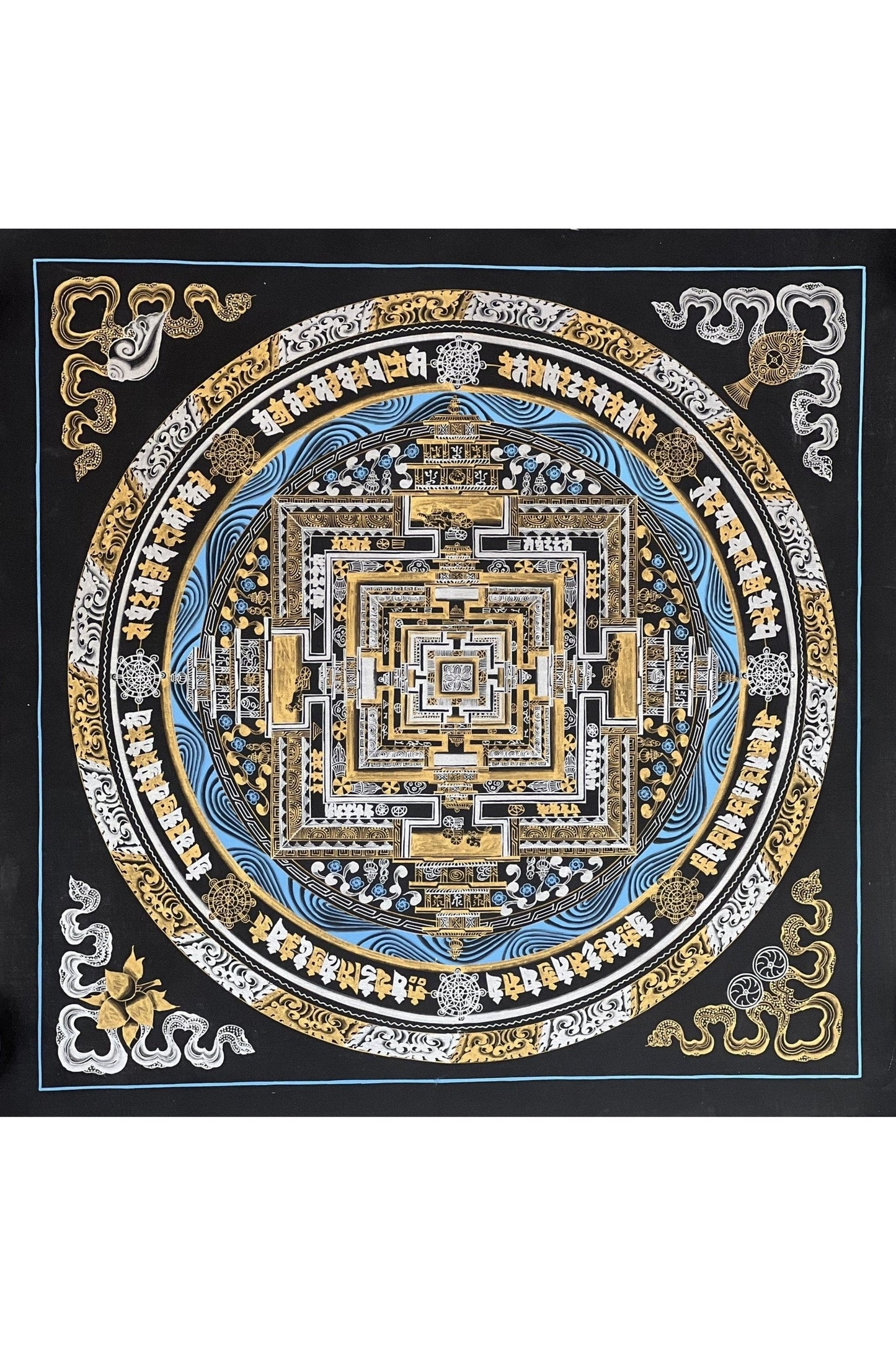 Hand Painted Wheel of Life/ Kalachakra Mandala Master Quality Blue and Gold Original Tibetan Thangka Painting /Wall Hanging - Tibetan Thangka Art