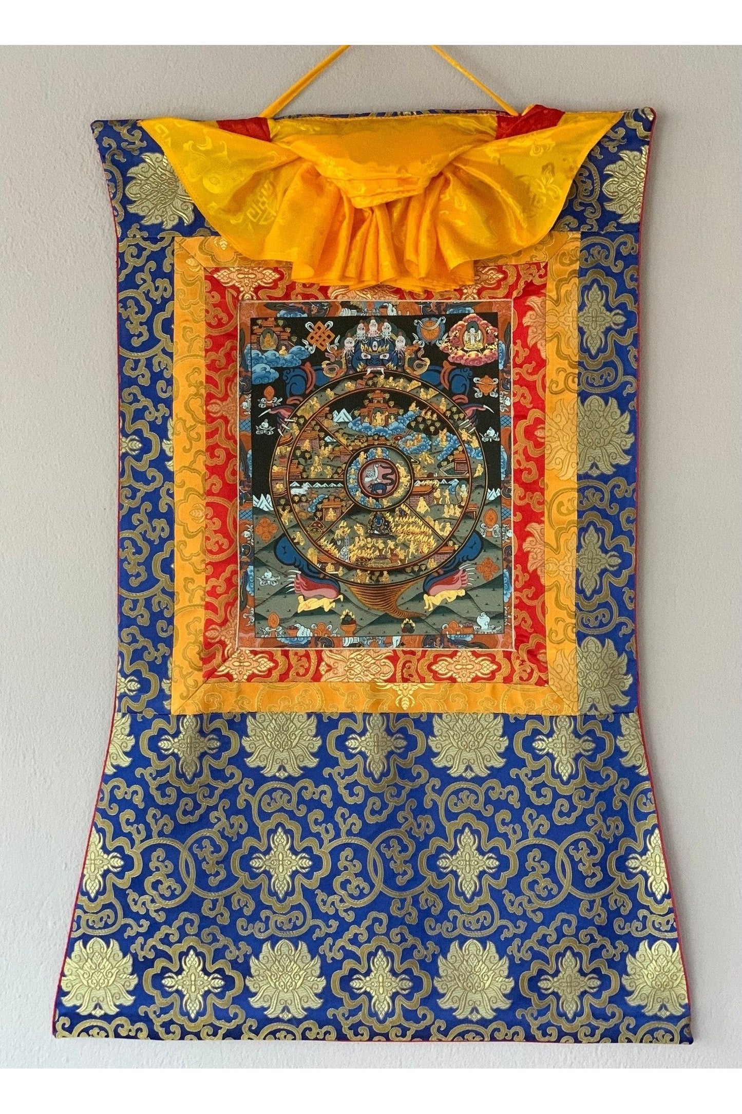 Hand Painted Wheel of Life Mandala, Riduk, Thangka Painting, Original Art with Silk Brocade - Tibetan Thangka Art