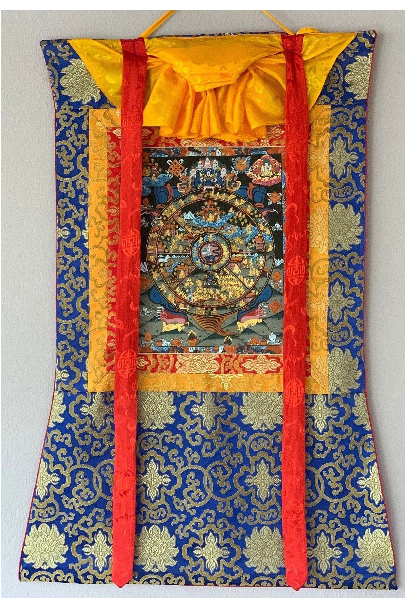 Hand Painted Wheel of Life Mandala, Riduk, Thangka Painting, Original Art with Silk Brocade - Tibetan Thangka Art