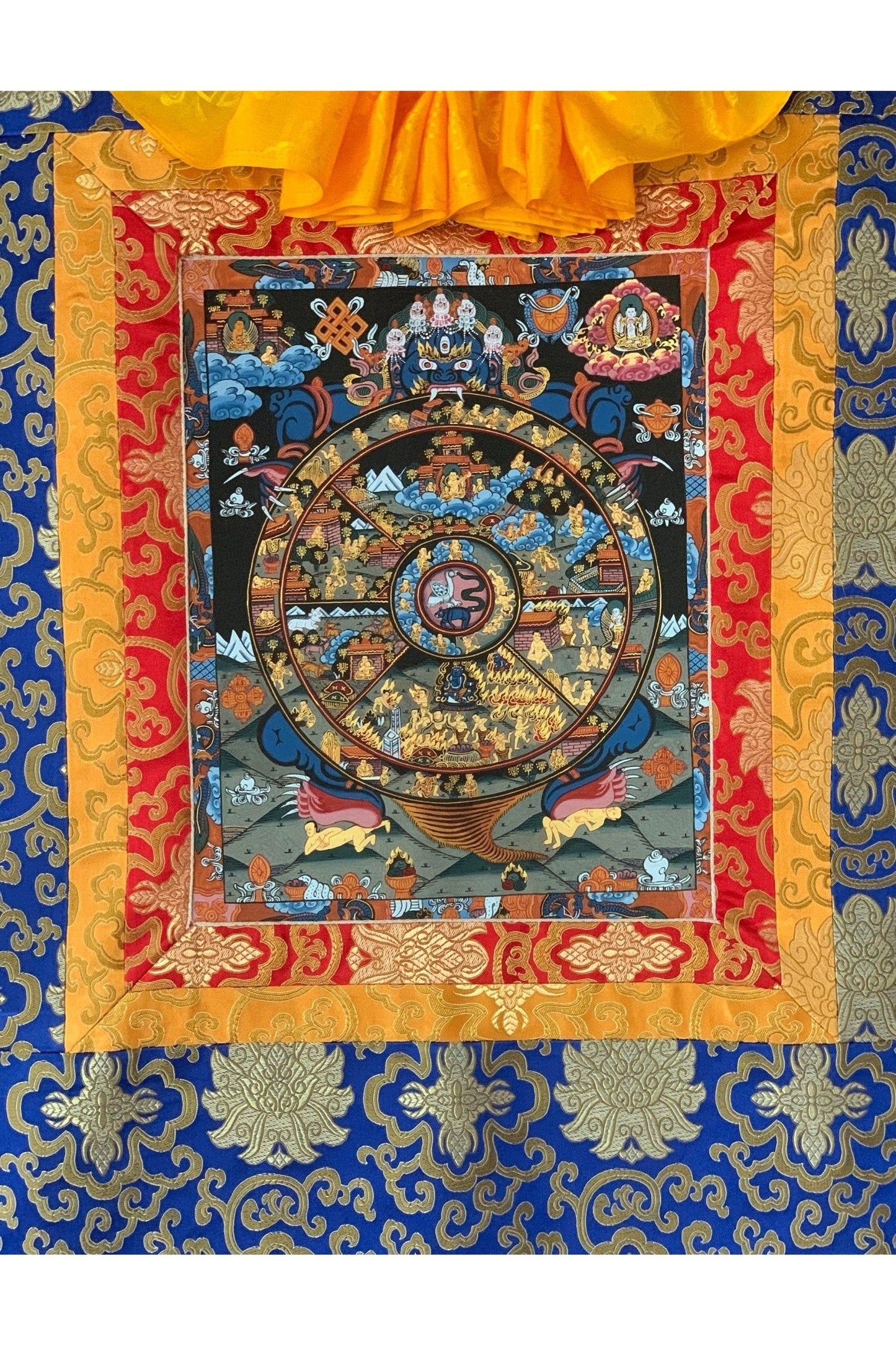 Hand Painted Wheel of Life Mandala, Riduk, Thangka Painting, Original Art with Silk Brocade - Tibetan Thangka Art