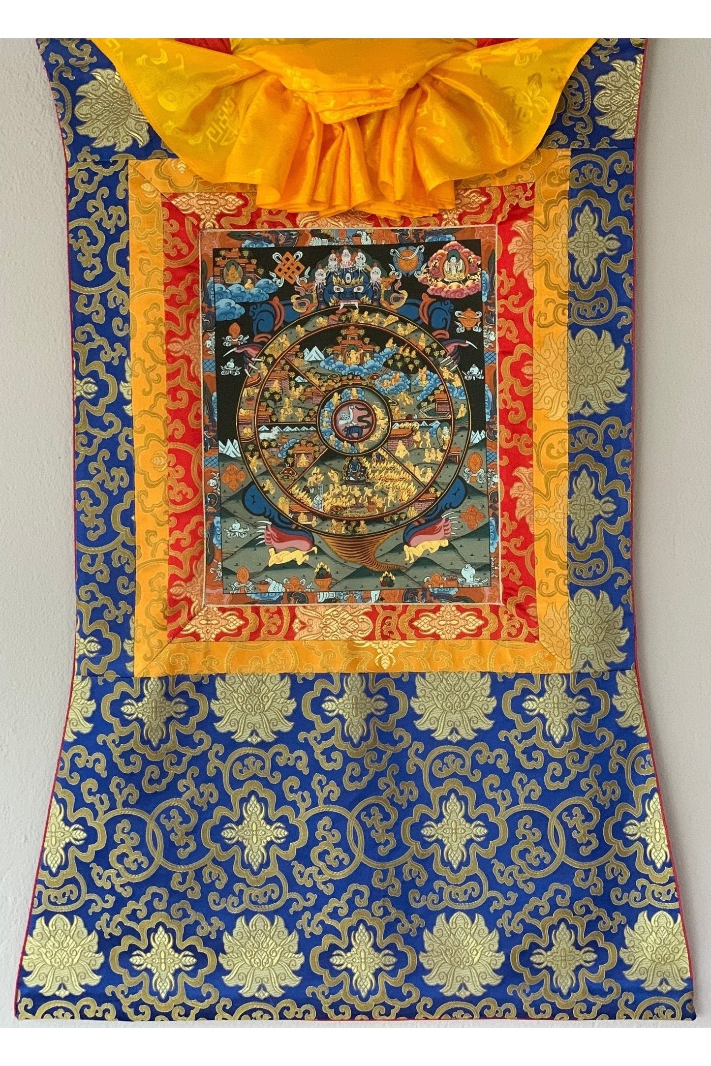 Hand Painted Wheel of Life Mandala, Riduk, Thangka Painting, Original Art with Silk Brocade - Tibetan Thangka Art