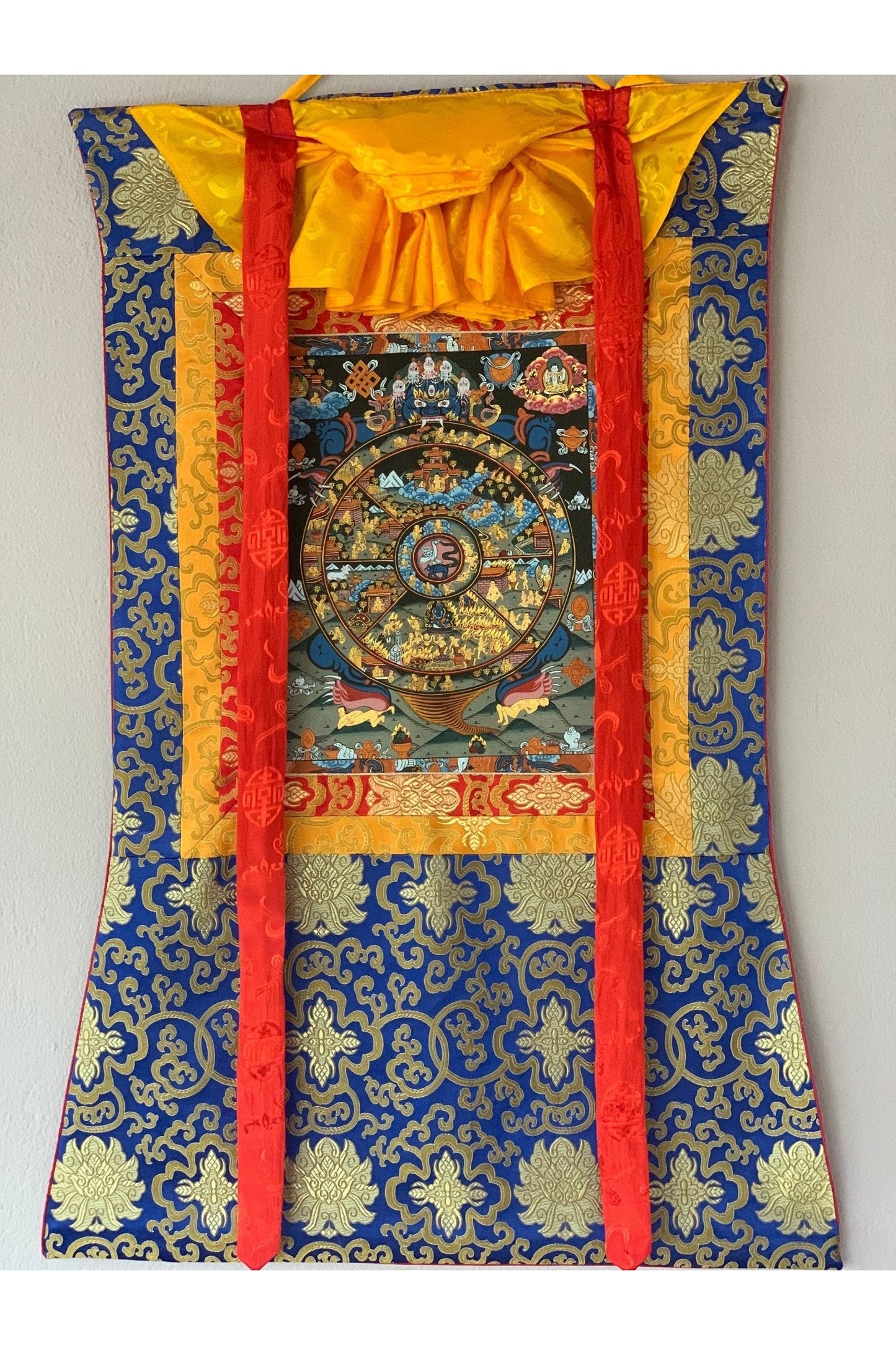 Hand Painted Wheel of Life Mandala, Riduk, Thangka Painting, Original Art with Silk Brocade - Tibetan Thangka Art