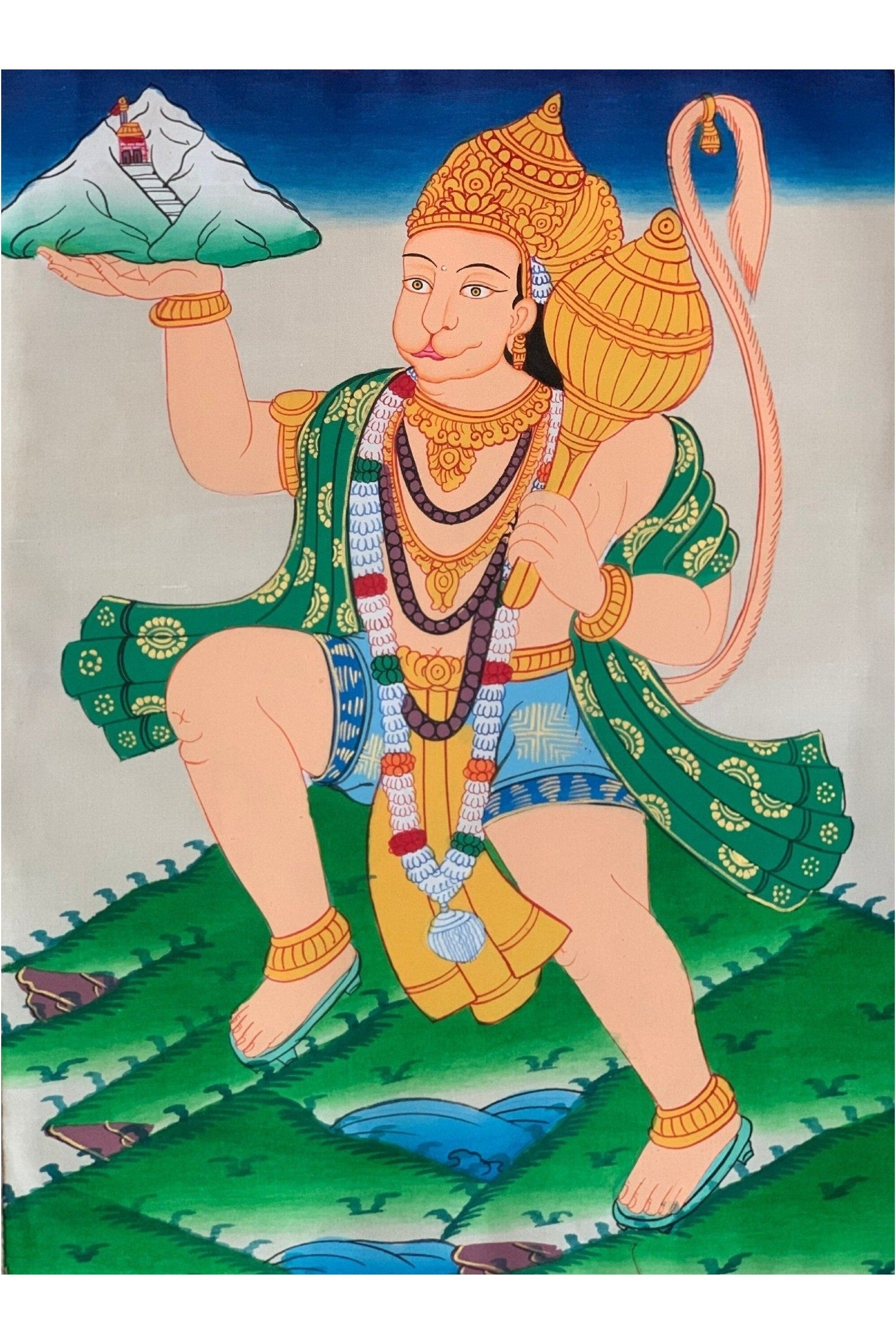 Hanumana/Hanuman/ Vajrangavali/ Monkey God Original Thangka Painting, with Silk Frame ( Brocade) - Tibetan Thangka Art