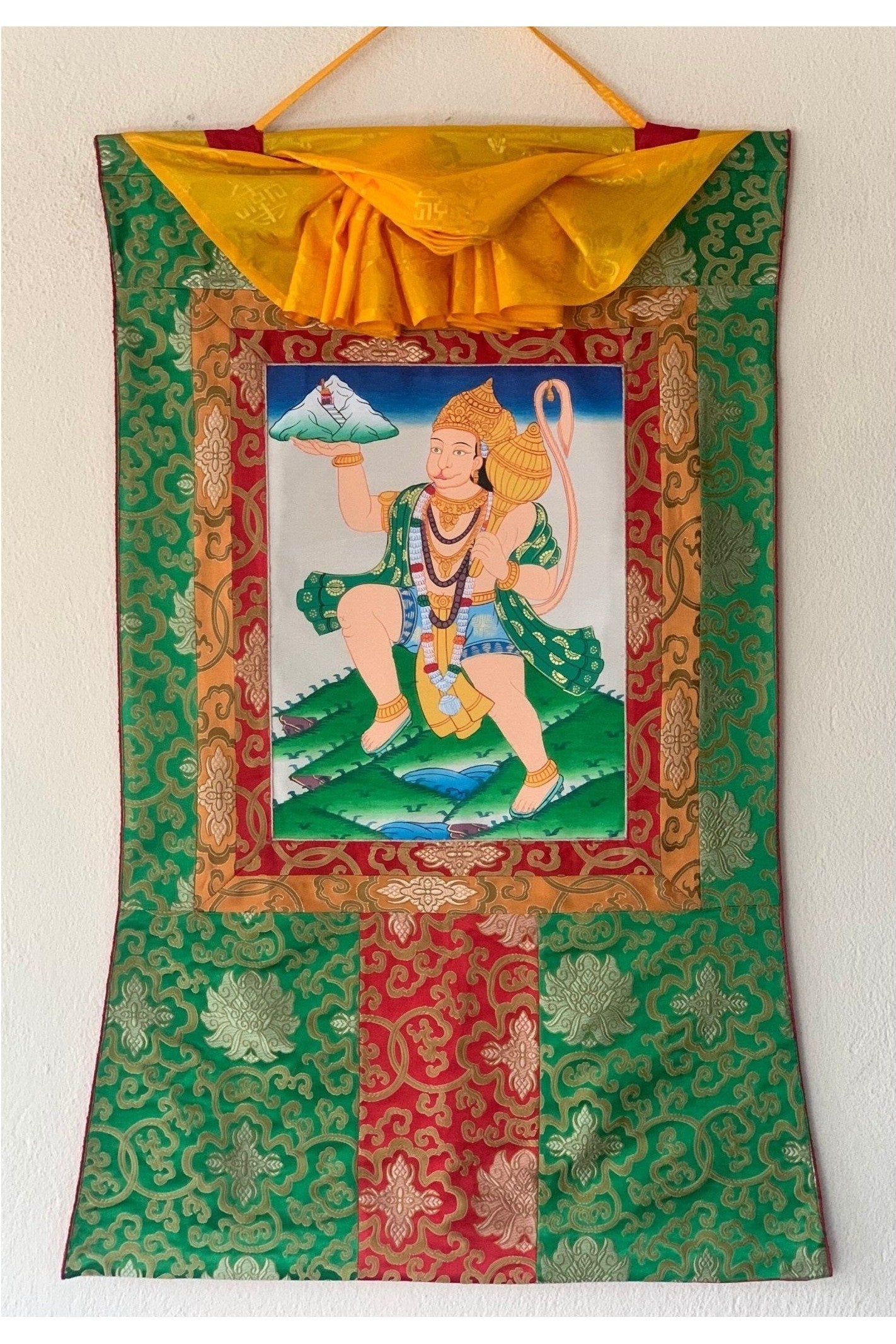 Hanumana/Hanuman/ Vajrangavali/ Monkey God Original Thangka Painting, with Silk Frame ( Brocade) - Tibetan Thangka Art