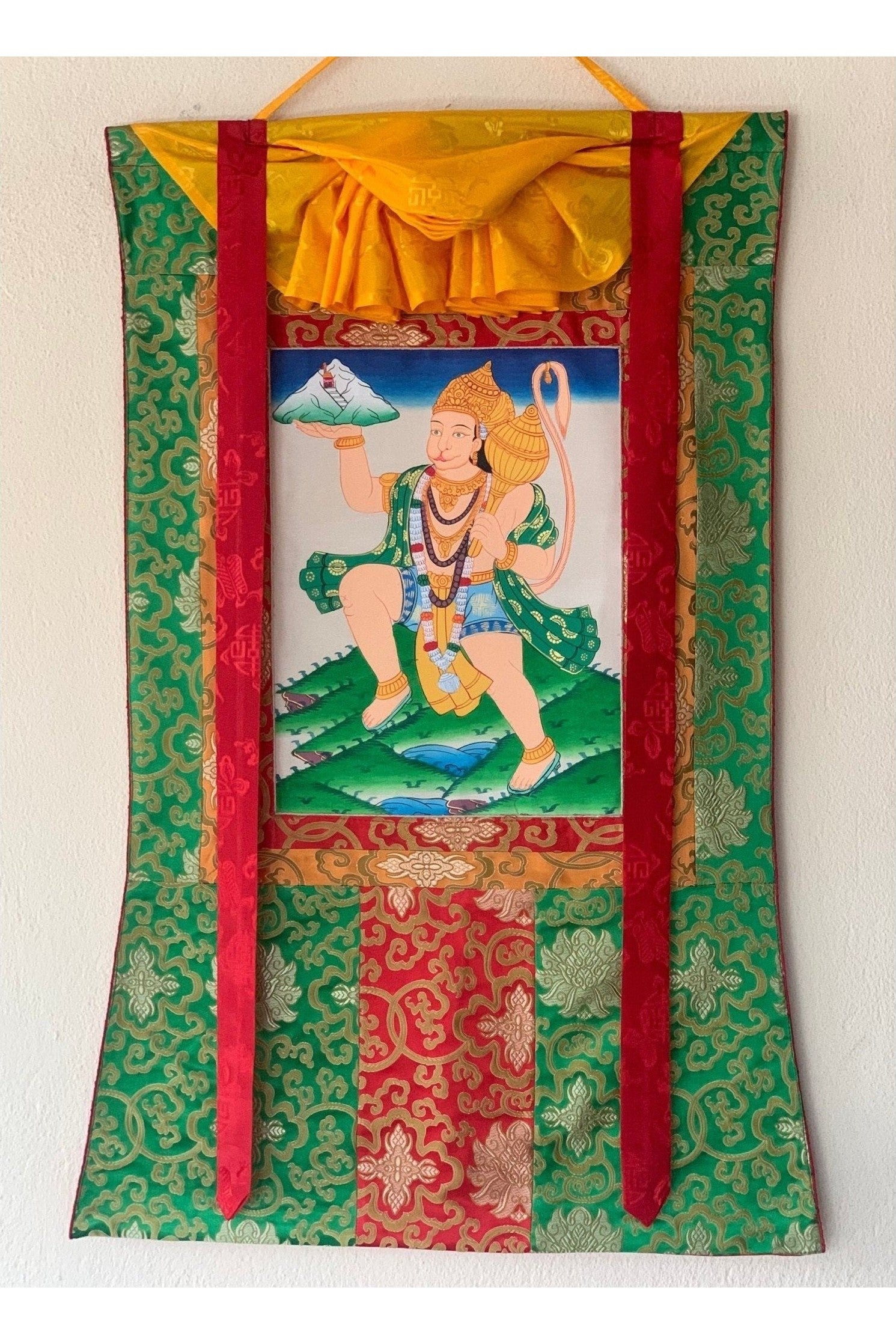 Hanumana/Hanuman/ Vajrangavali/ Monkey God Original Thangka Painting, with Silk Frame ( Brocade) - Tibetan Thangka Art