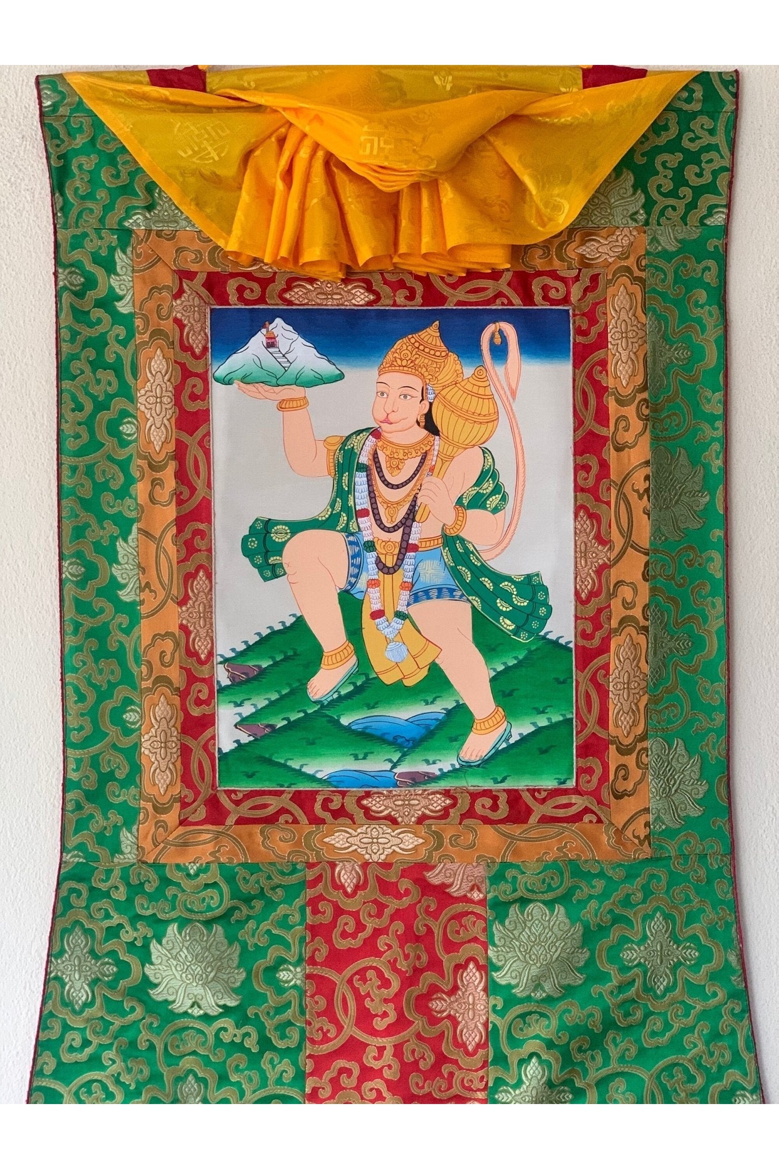 Hanumana/Hanuman/ Vajrangavali/ Monkey God Original Thangka Painting, with Silk Frame ( Brocade) - Tibetan Thangka Art