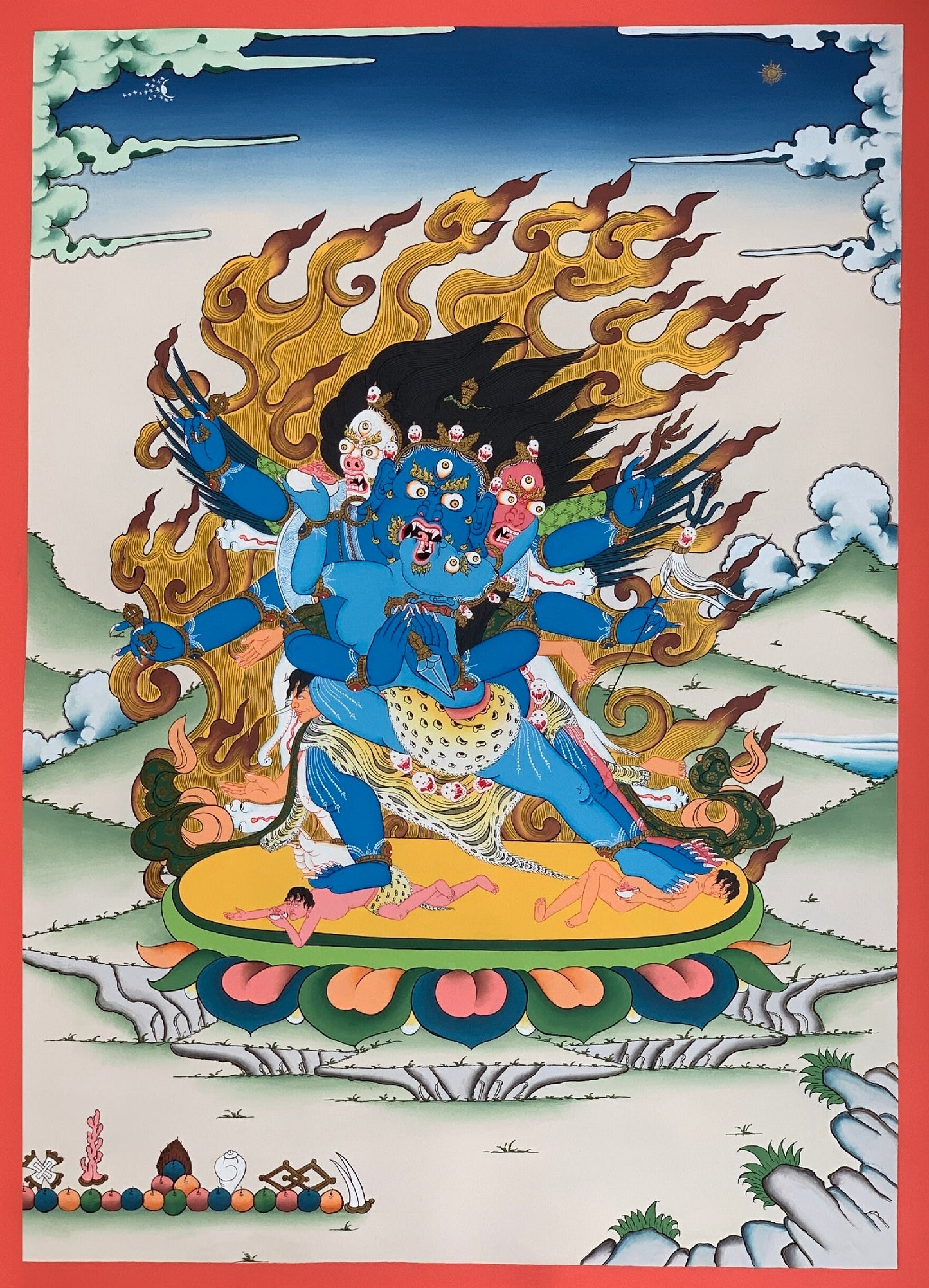 Vajrakilaya, Dorje Phurba, Heruka, with Diptachakra Tibetan Thangka, Original Hand-Painted Buddhist Art 20 x 28 Inch