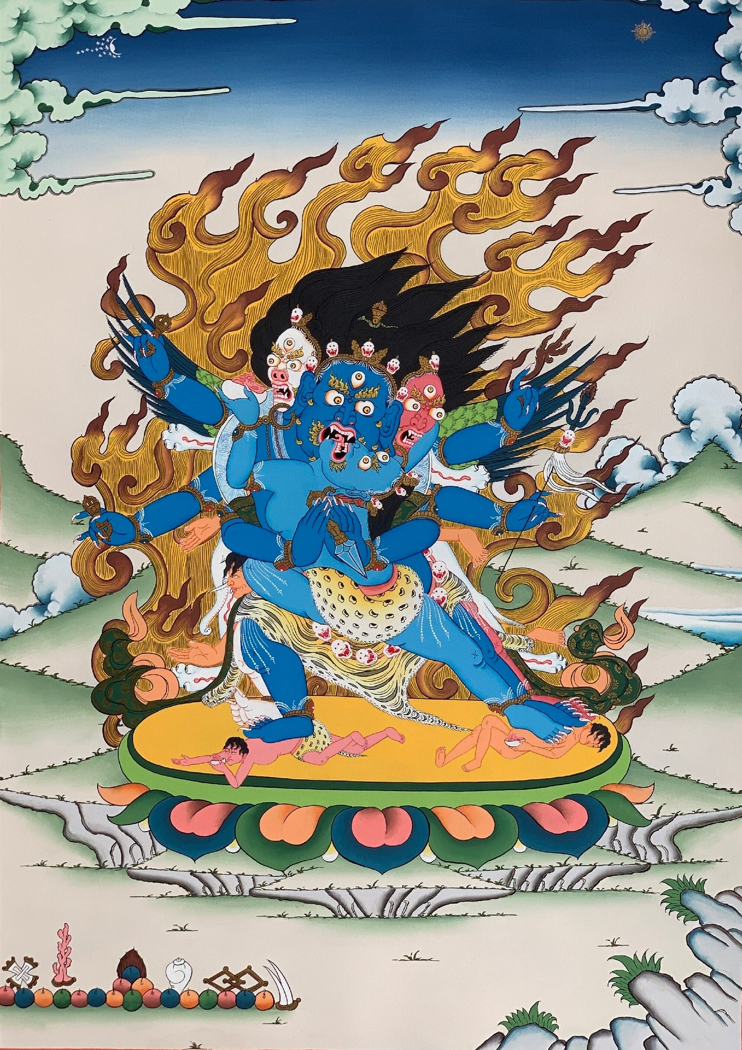 Vajrakilaya, Dorje Phurba, Heruka, with Diptachakra Tibetan Thangka, Original Hand-Painted Buddhist Art 20 x 28 Inch