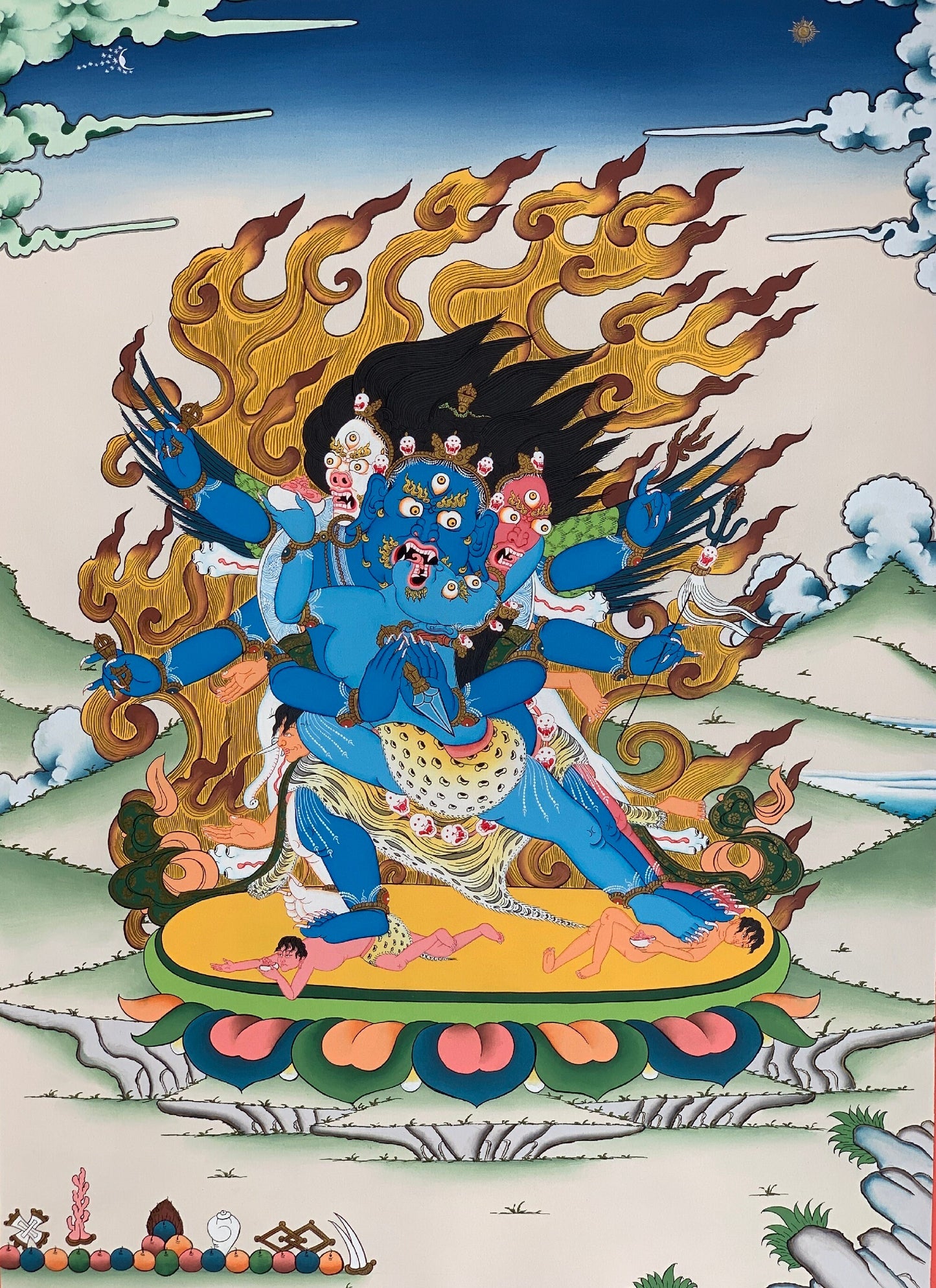 Vajrakilaya, Dorje Phurba, Heruka, with Diptachakra Tibetan Thangka, Original Hand-Painted Buddhist Art 20 x 28 Inch