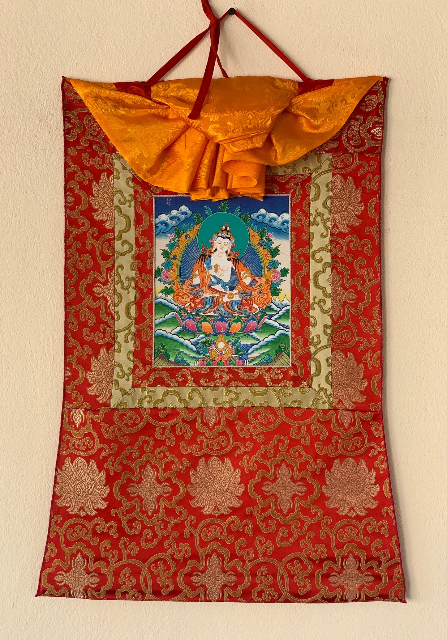 Vajrasattva, Meditating Buddha, Tibetan Thangka Painting, Original Art with Silk Frame ( Brocade)