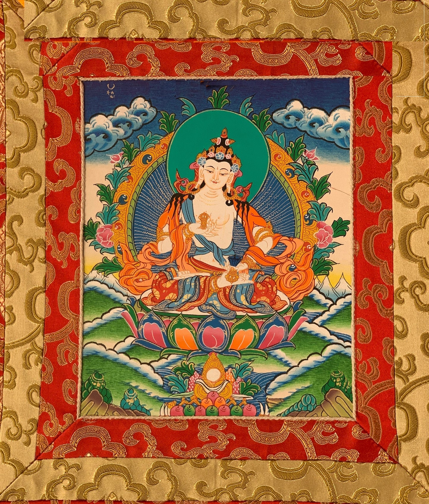 Vajrasattva, Meditating Buddha, Tibetan Thangka Painting, Original Art with Silk Frame ( Brocade)