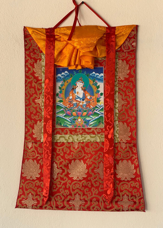 Vajrasattva, Meditating Buddha, Tibetan Thangka Painting, Original Art with Silk Frame ( Brocade)