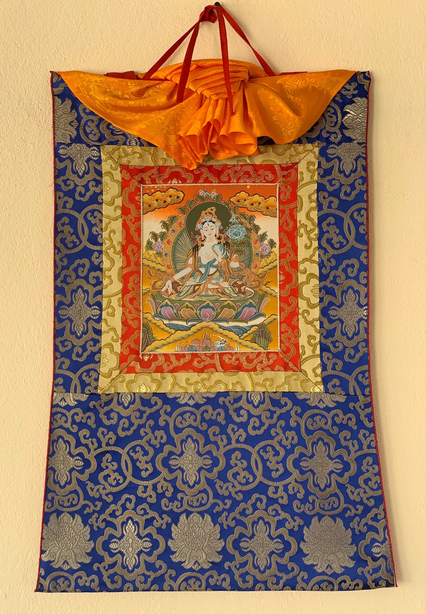 White Tara, Mother Buddha, Tibetan Thangka Painting, Original Art with Silk Frame ( Brocade)