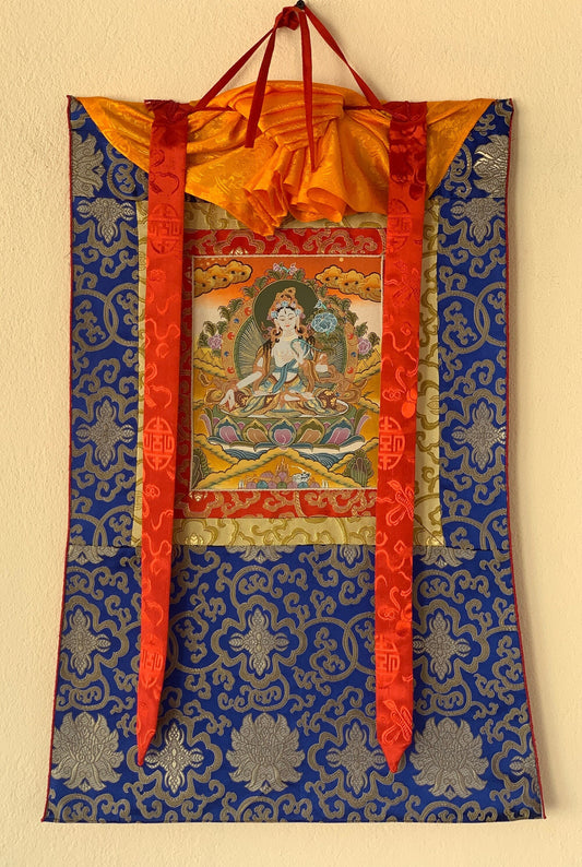 White Tara, Mother Buddha, Tibetan Thangka Painting, Original Art with Silk Frame ( Brocade)