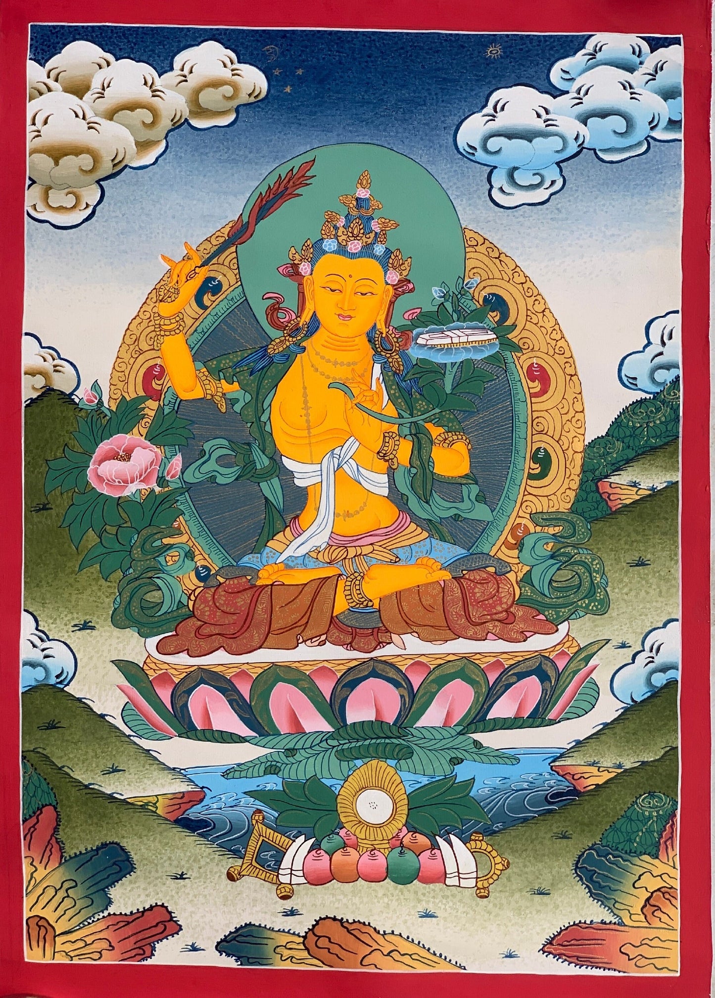 Manjushri, Manjusri, Manjushree, Bodhisattva, High Quality Thangka Painting, Original Art  14x 19 Inch