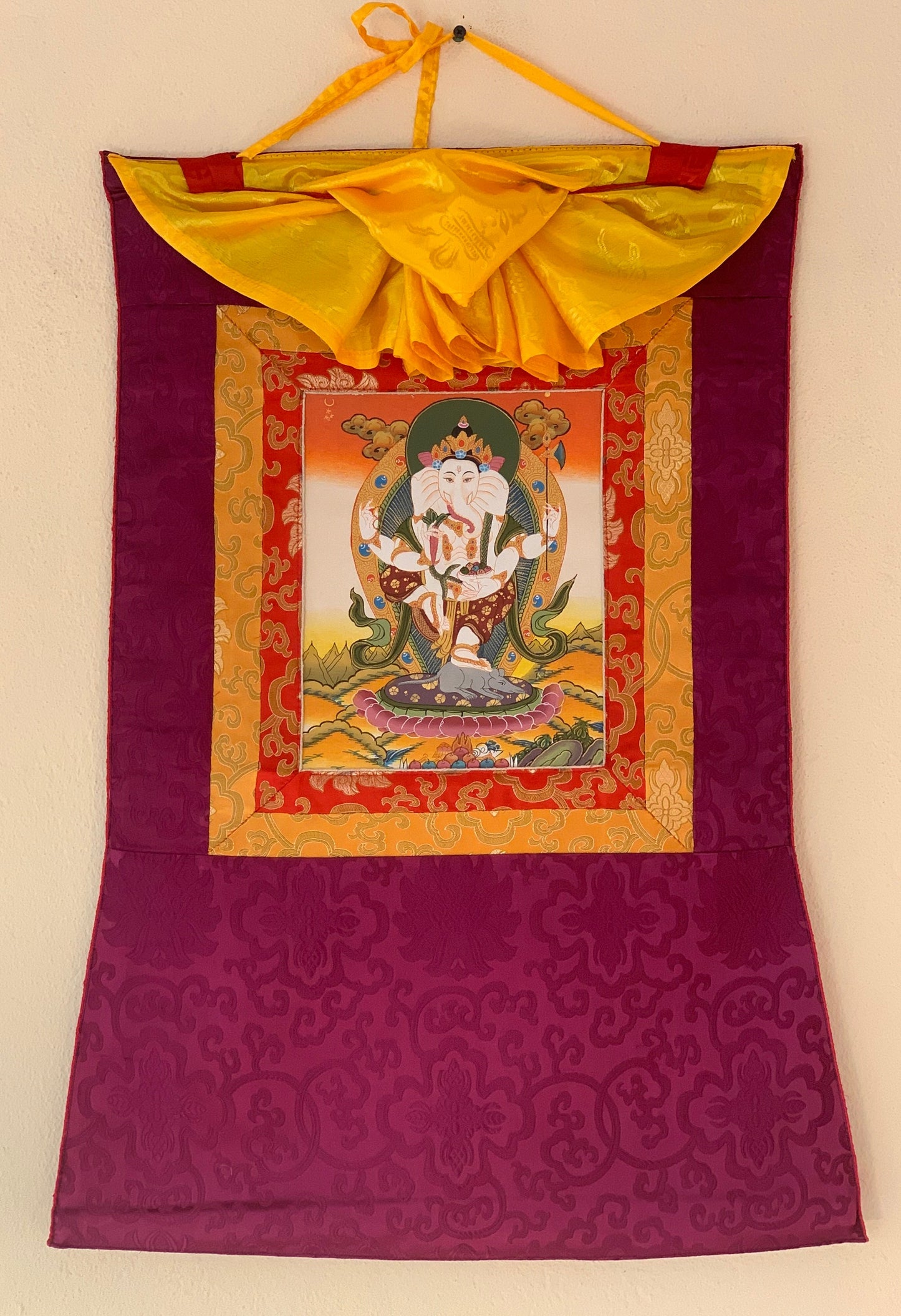 Lord Ganesha, Ganesh, Ganapati, Vinayaka, Thangka Painting, Original Art  with Silk Frame ( Brocade)