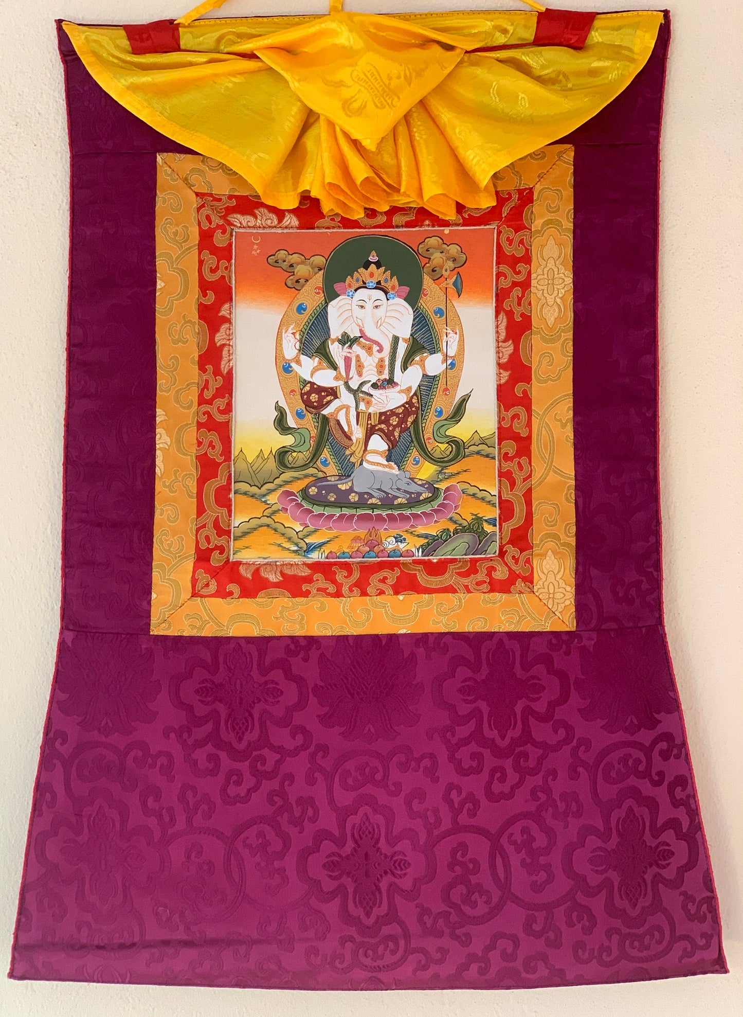 Lord Ganesha, Ganesh, Ganapati, Vinayaka, Thangka Painting, Original Art  with Silk Frame ( Brocade)