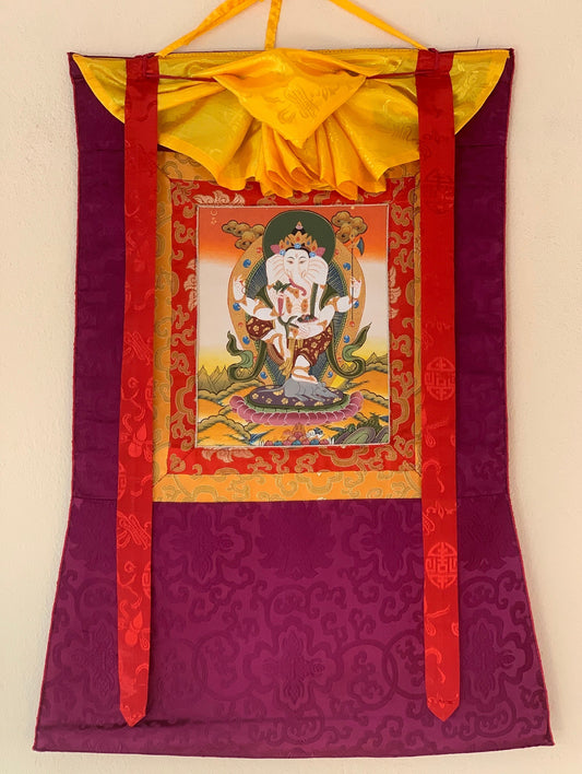 Lord Ganesha, Ganesh, Ganapati, Vinayaka, Thangka Painting, Original Art  with Silk Frame ( Brocade)