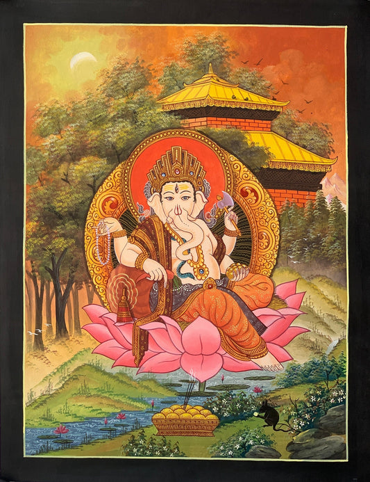 Lord Ganesha, Ganesh, Ganapati, Vinayaka, Hindu God, Master Quality Newari Paubha, Thangka Painting, Original Hand Painting/Art 15 x 20-Inch