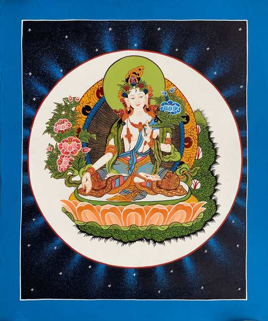 White Tara Sitatara Mother Goddess Tibetan Thangka Painting, Original Art/ Hand Painting from Nepal