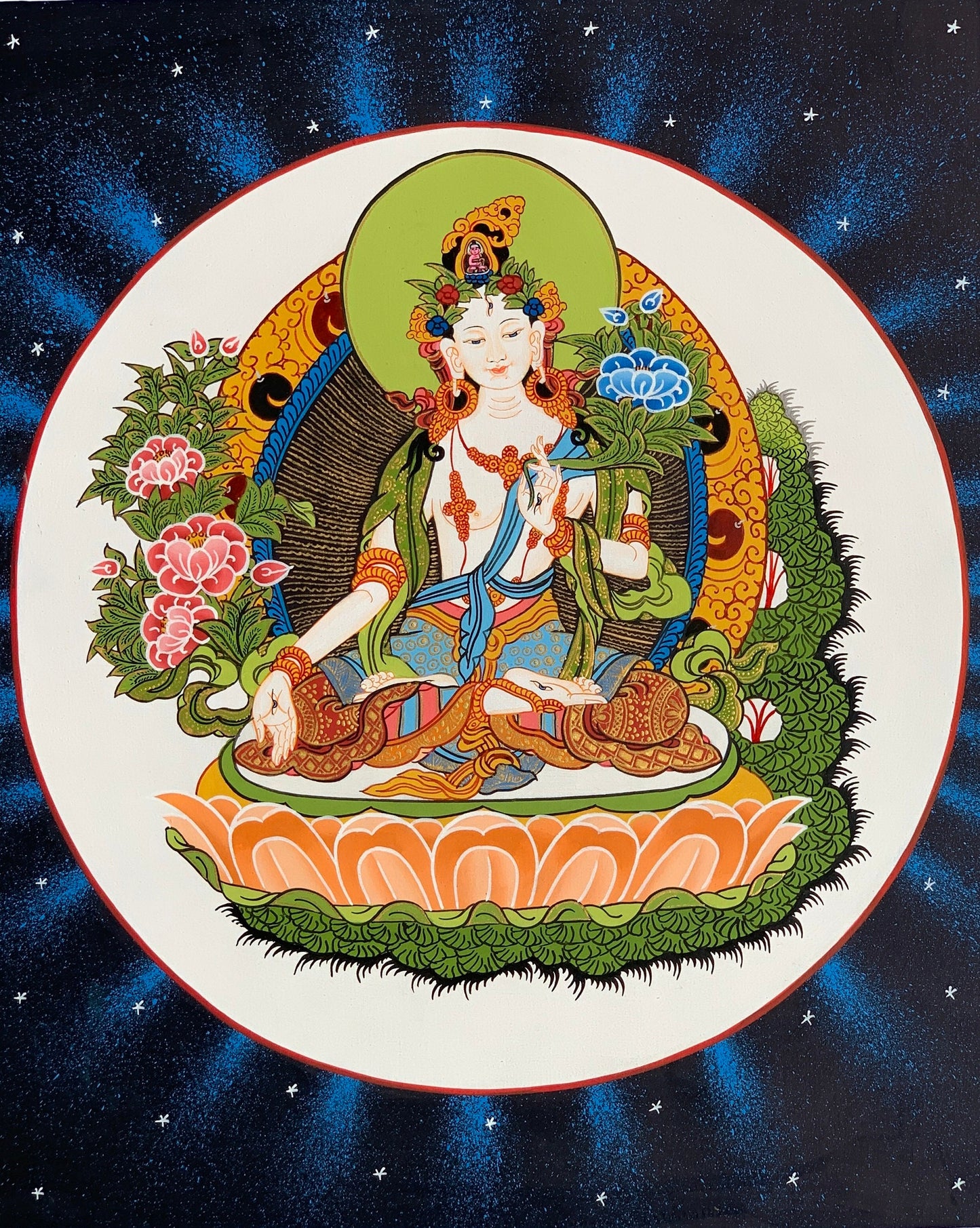 White Tara Sitatara Mother Goddess Tibetan Thangka Painting, Original Art/ Hand Painting from Nepal