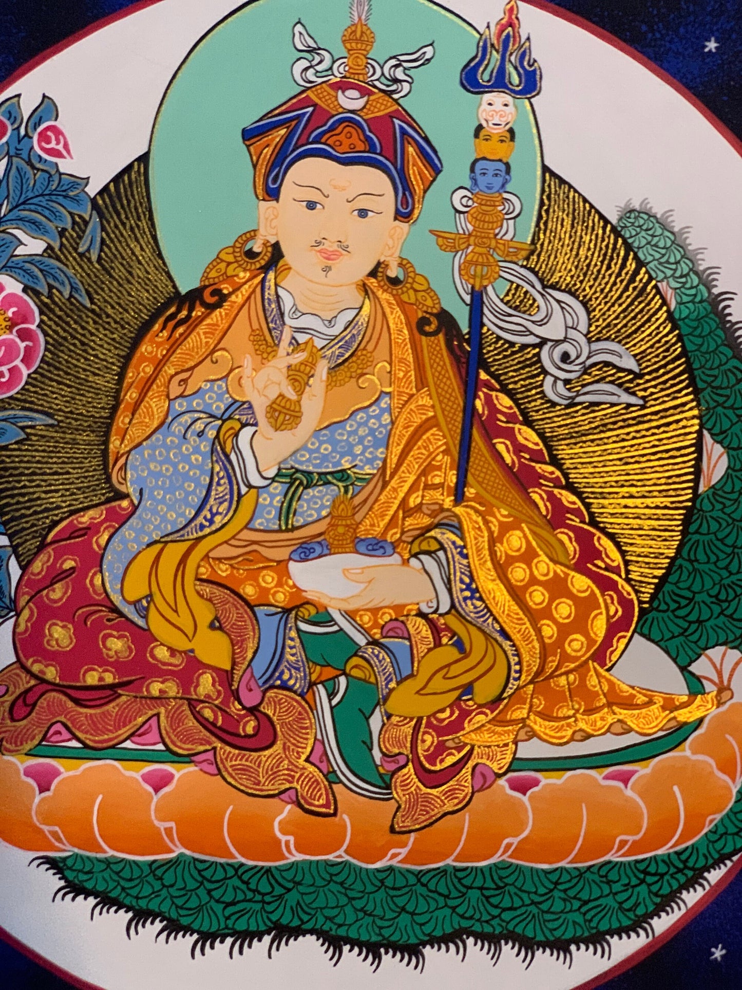 Hand Painted Padmasambhava/ Guru Rinpoche Tibetan Thangka Painting Original Art  with Narrow Silk Frame