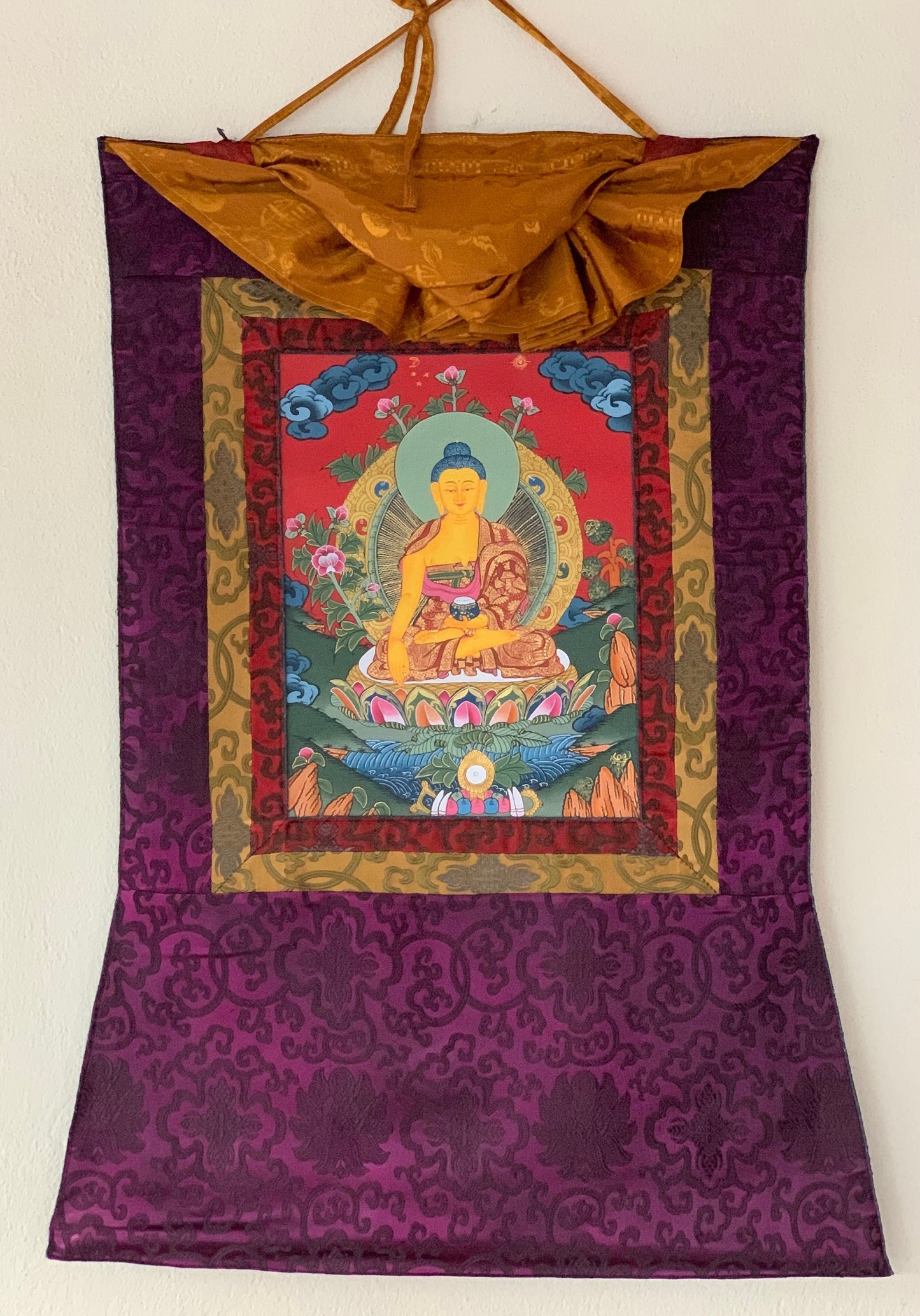 Shakyamuni, Siddhartha, Gautama, Buddha Tibetan Thangka Painting, Original Art  with Silk Brocade