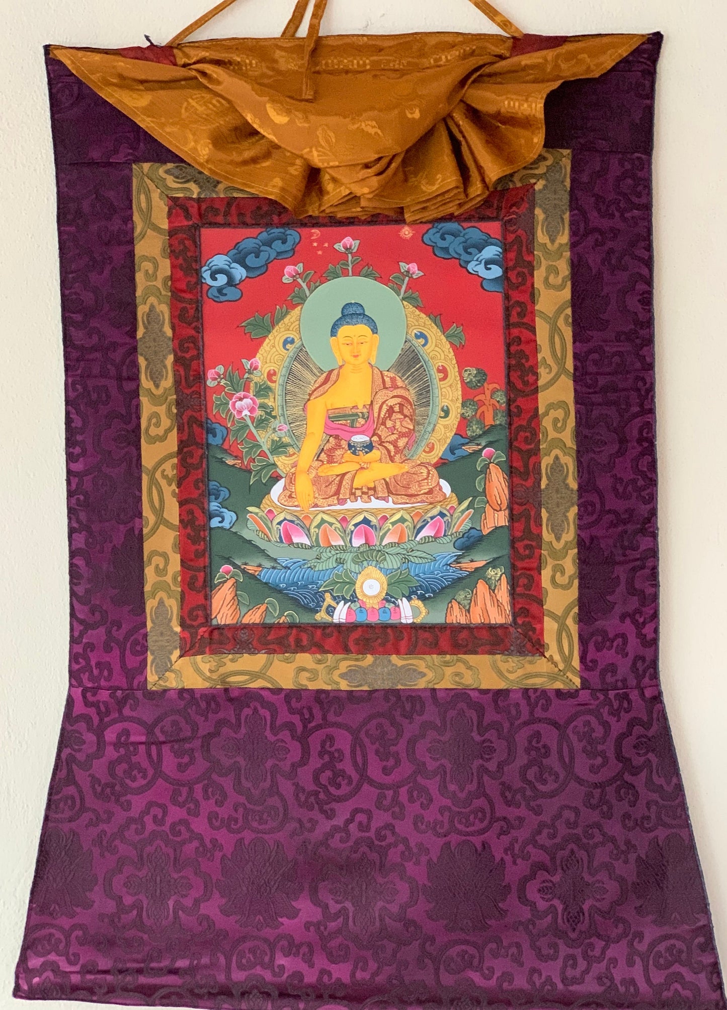 Shakyamuni, Siddhartha, Gautama, Buddha Tibetan Thangka Painting, Original Art  with Silk Brocade