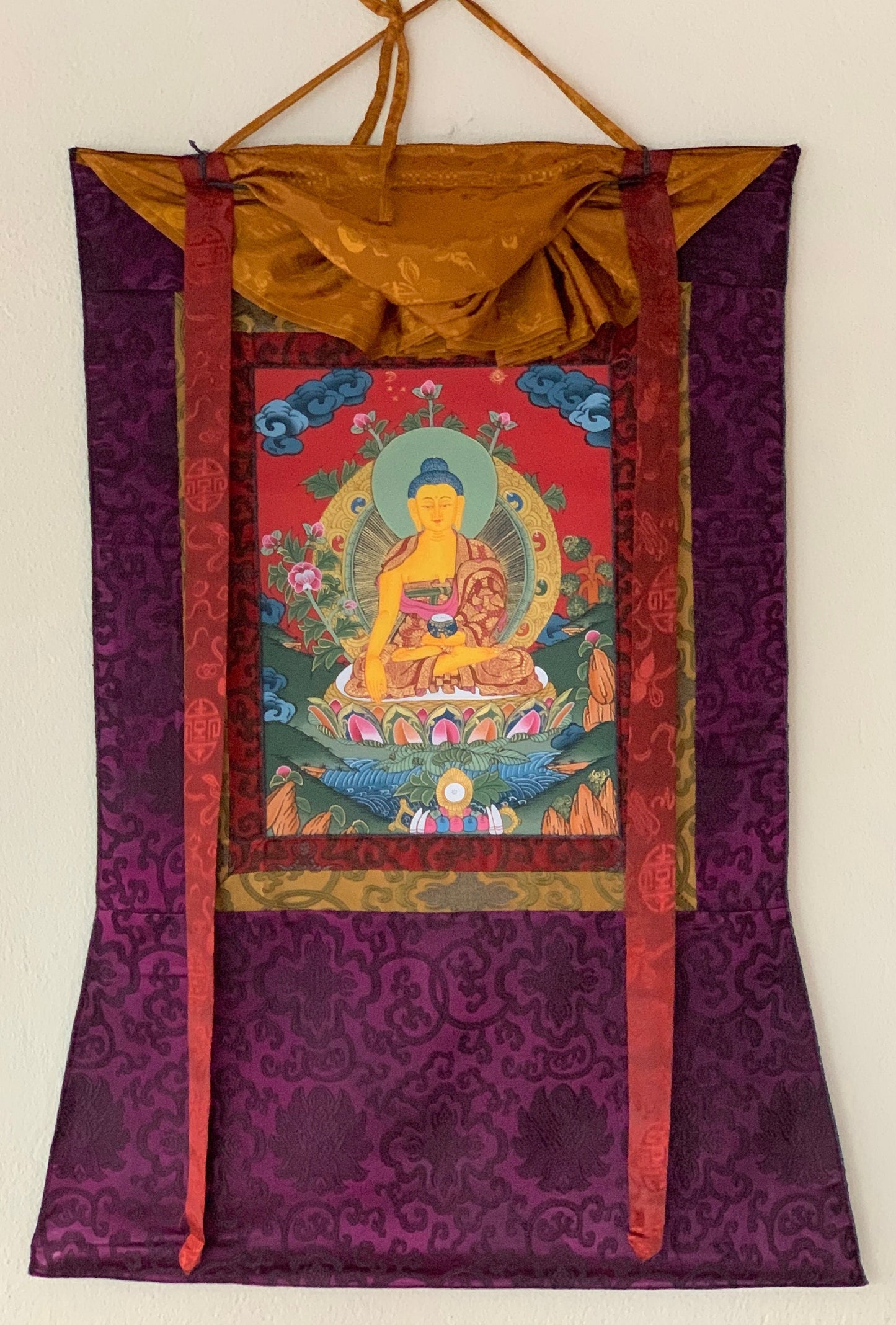 Shakyamuni, Siddhartha, Gautama, Buddha Tibetan Thangka Painting, Original Art  with Silk Brocade