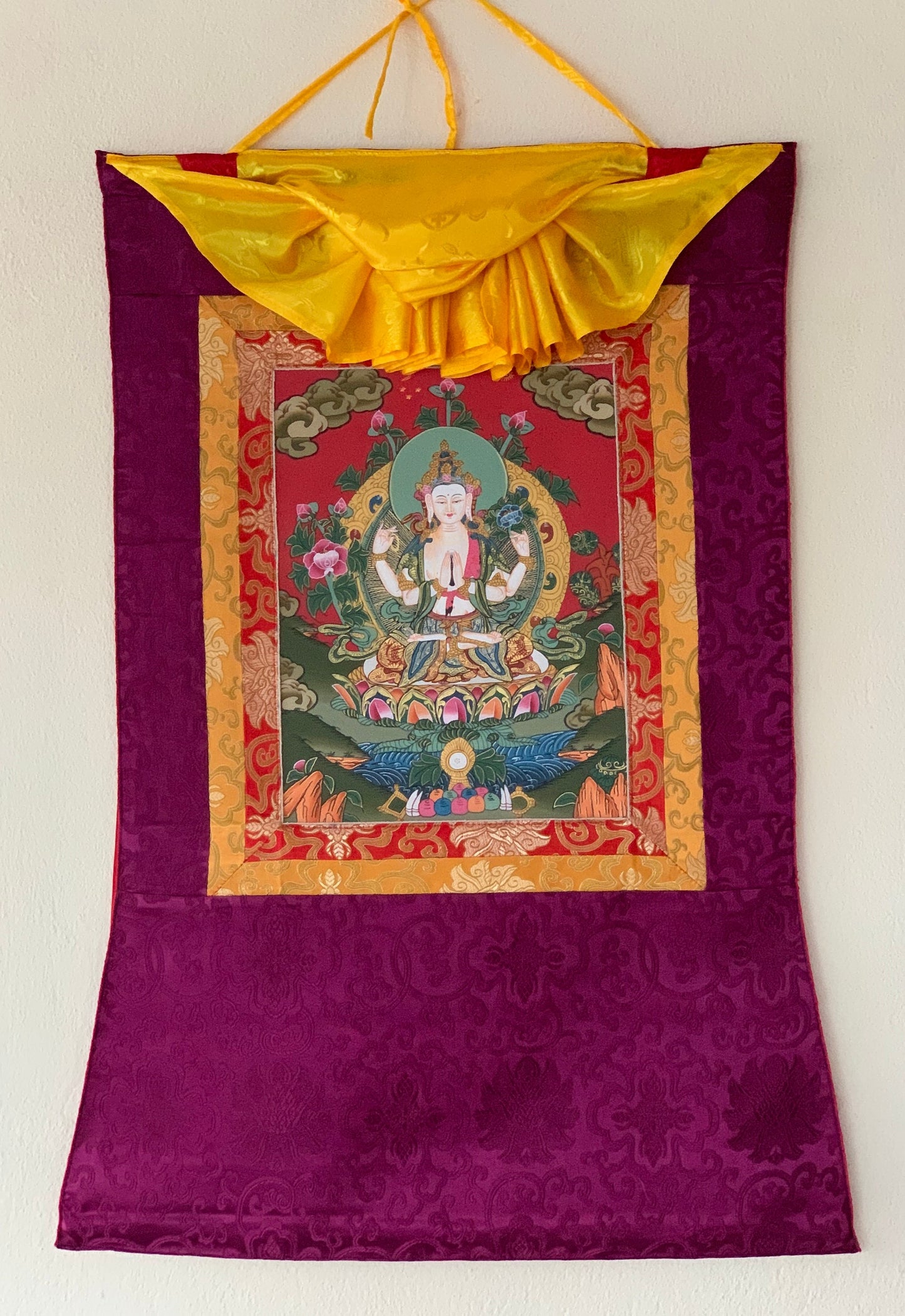 Chyangresi, Chenrezig, Avalokiteshvara, Bodhisattva, Thangka Painting, Original Art with Silk Brocade