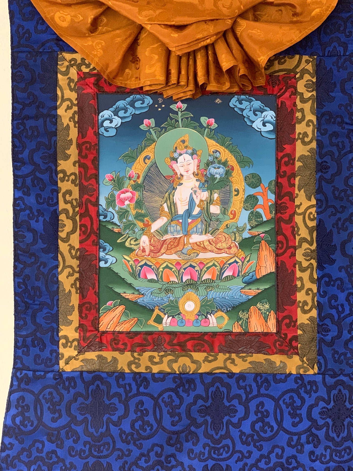 White Tara, Sita Tara, Sgrol-dkar, Goddess of Compassion, Tibetan Thangka Painting, Original Art with Silk Brocade