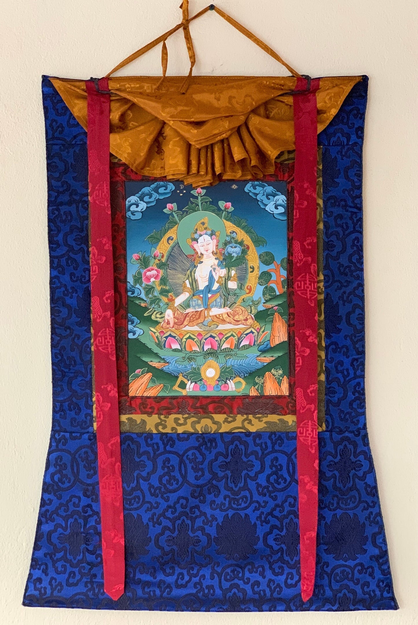 White Tara, Sita Tara, Sgrol-dkar, Goddess of Compassion, Tibetan Thangka Painting, Original Art with Silk Brocade