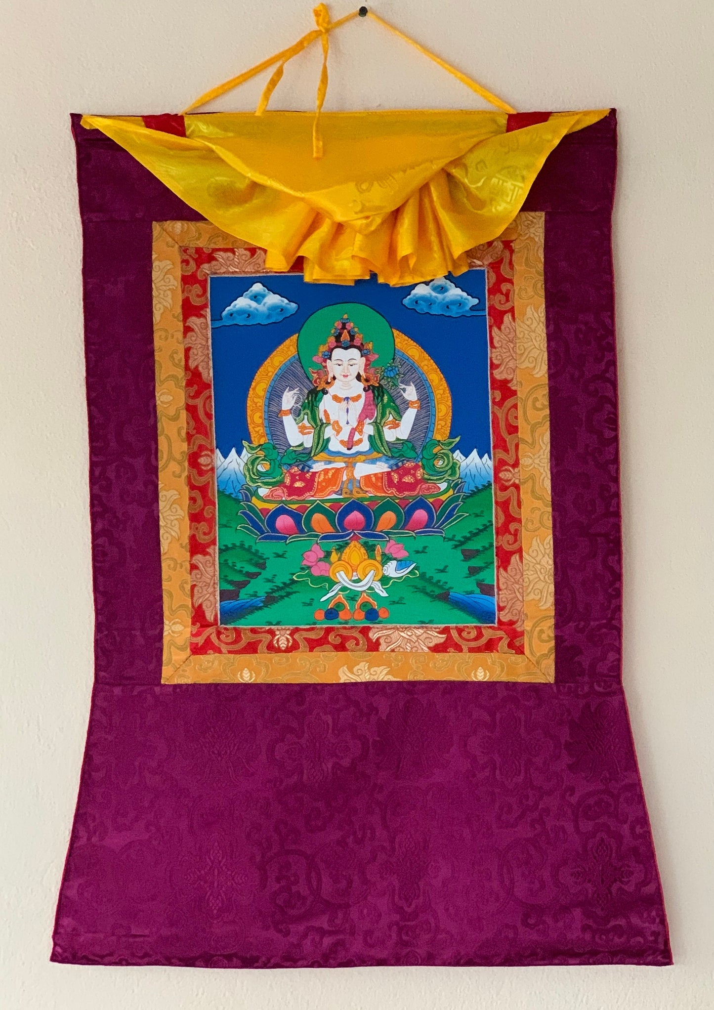 Chyangresi/Chenrezig/ Avalokiteshvara, Bodhisattva of Compassion, Original Tibetan Thangka/ Thanka Art/ Hand Painting with Silk Brocade